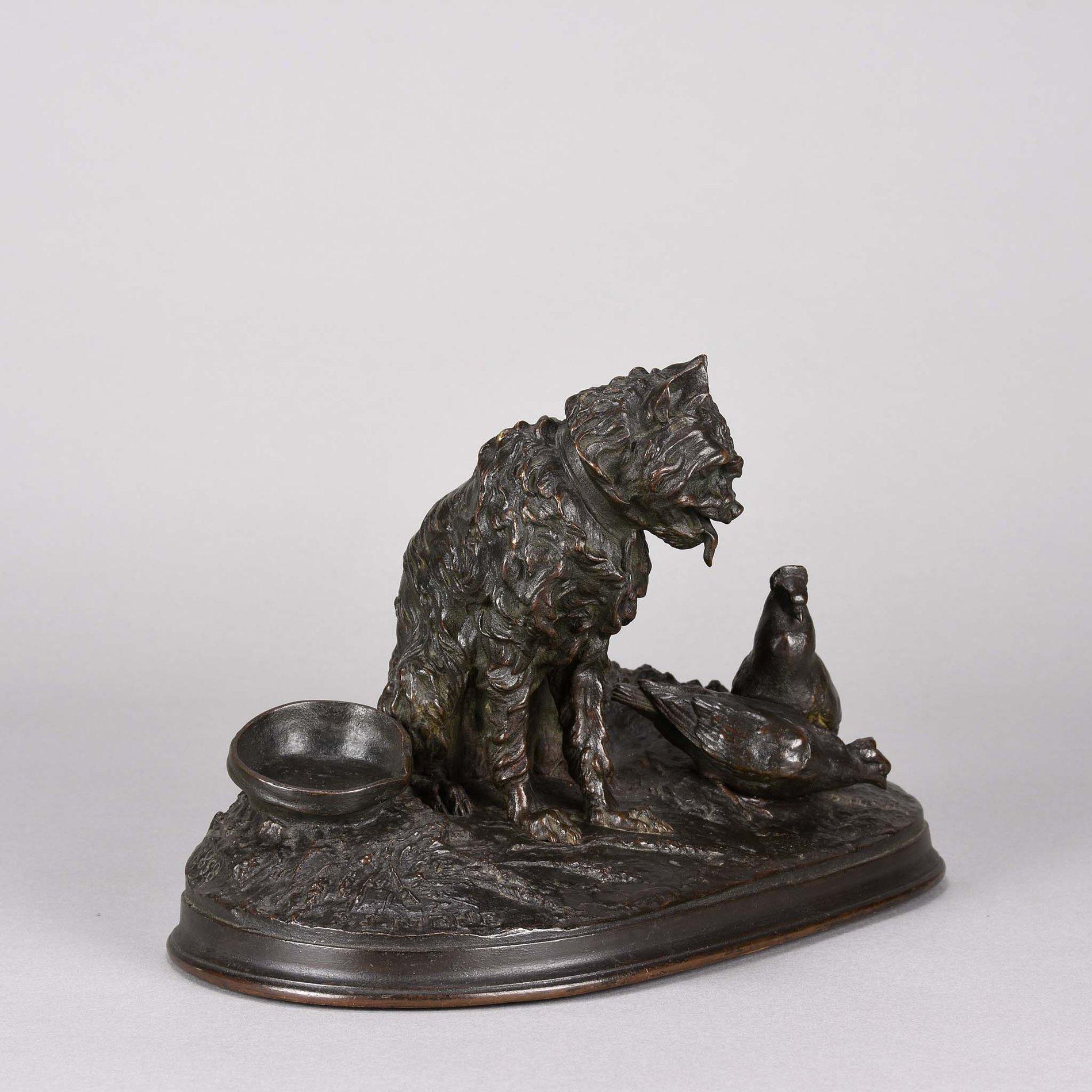 Excellent quality and very rare mid-19th century French Animalier bronze study of a seated griffon hound looking intently at two pigeons feeding beside him. The bronze with excellent hand chased surface detail and Fine rich black/brown patination.