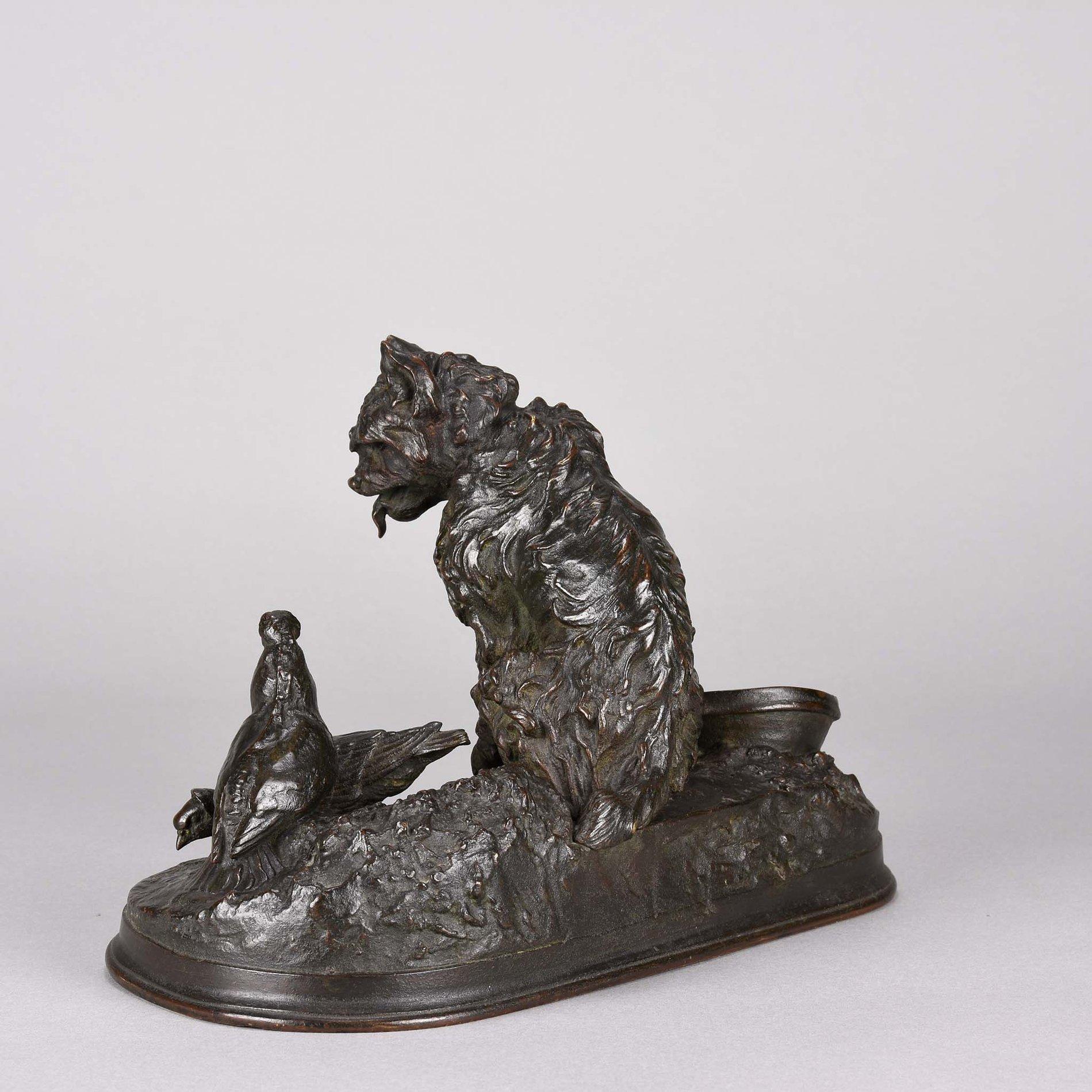 Cast French Animalier Bronze Study Entitled 'Chien et Pigeon' by Pierre Jules Mêne For Sale