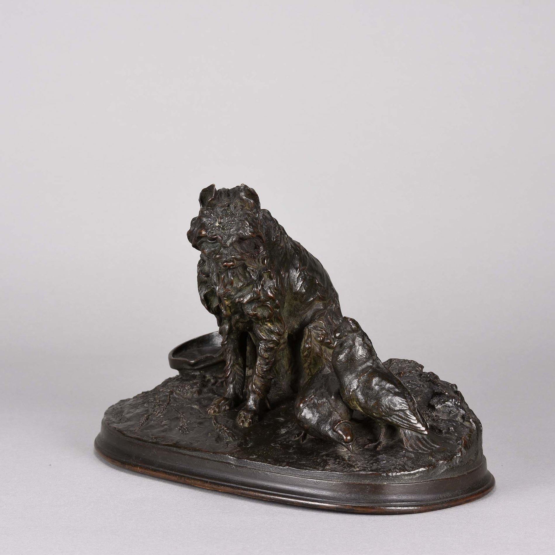 Late 19th Century French Animalier Bronze Study Entitled 'Chien et Pigeon' by Pierre Jules Mêne For Sale