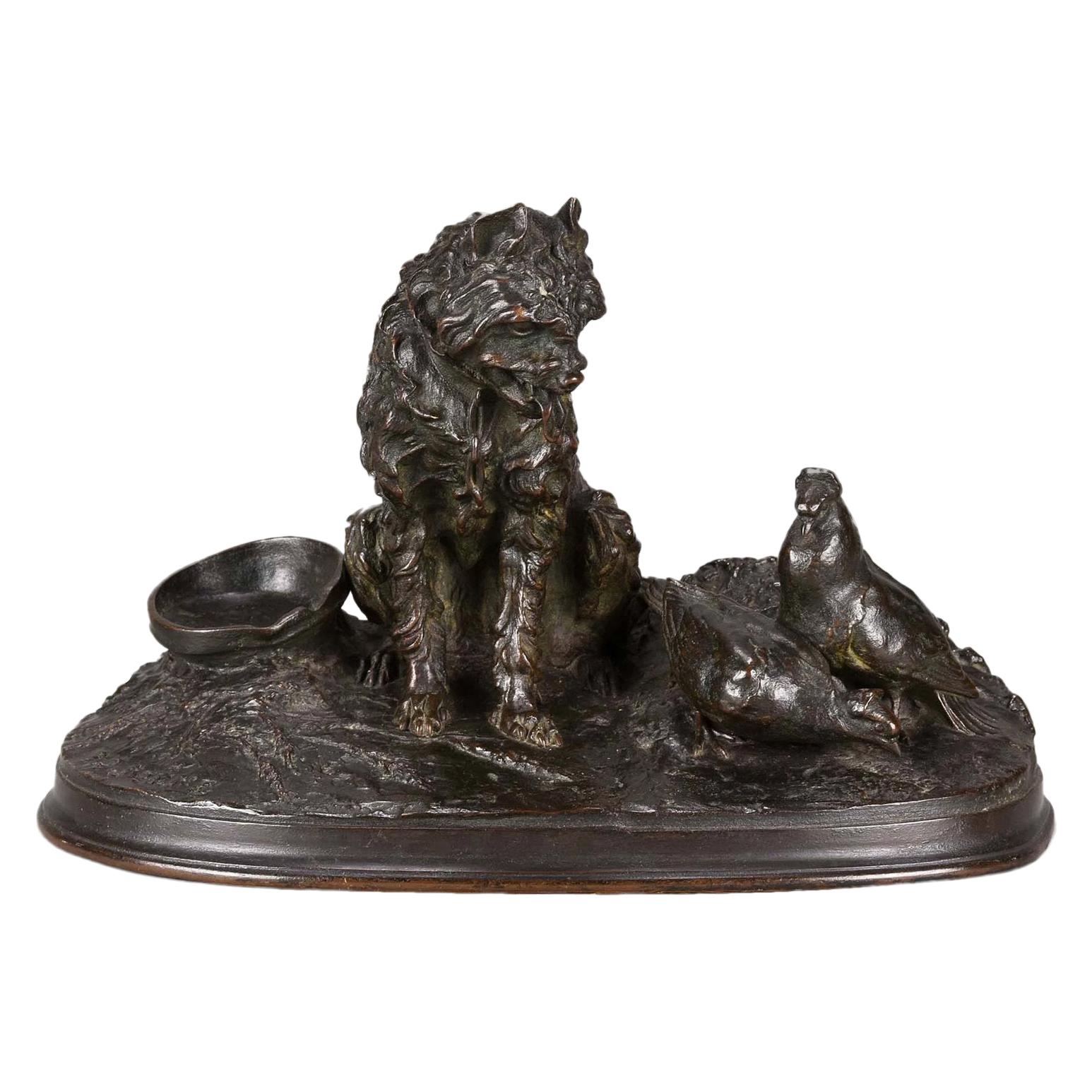 Französische Animalier-Bronzestudie mit dem Titel "Chien et Pigeon" von Pierre Jules Mne