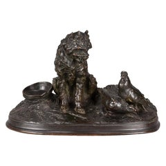 French Animalier Bronze Study Entitled 'Chien et Pigeon' by Pierre Jules Mêne