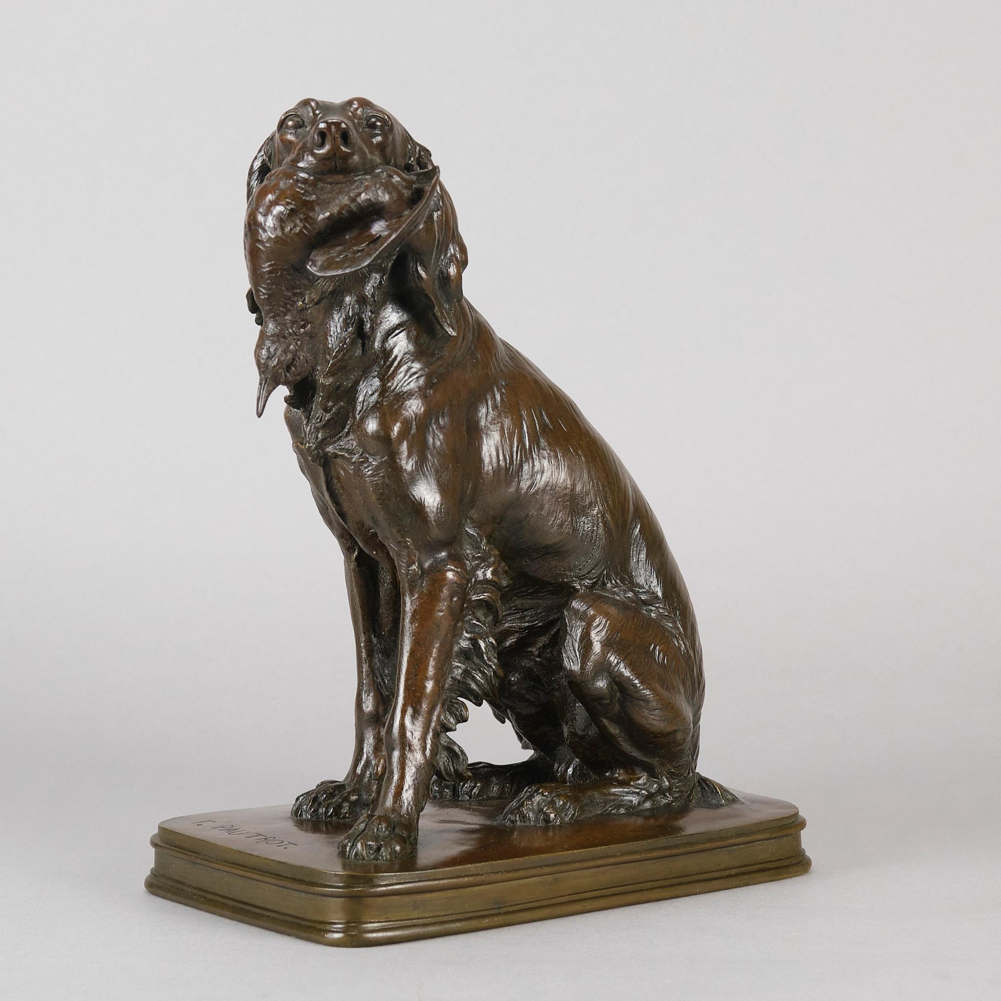 Excellent quality late 19th Century French bronze Animalier study of a seated setter holding a game bird in its mouth, with exquisite hand chased surface detail and attractive rich brown patina, signed F Pautrot

Ferdinand Pautrot ~ French, 1832 to