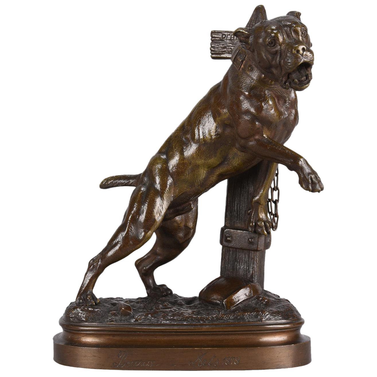 Étude en bronze animalier français "Mastiff attaché" par Lecourtier