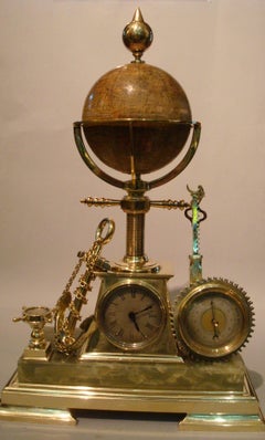 French Animated Industrial Desk Clock, Barometer with Rotating Globe, circa 1880