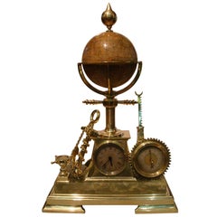 French Animated Industrial Desk Clock, Barometer with Rotating Globe, circa 1880