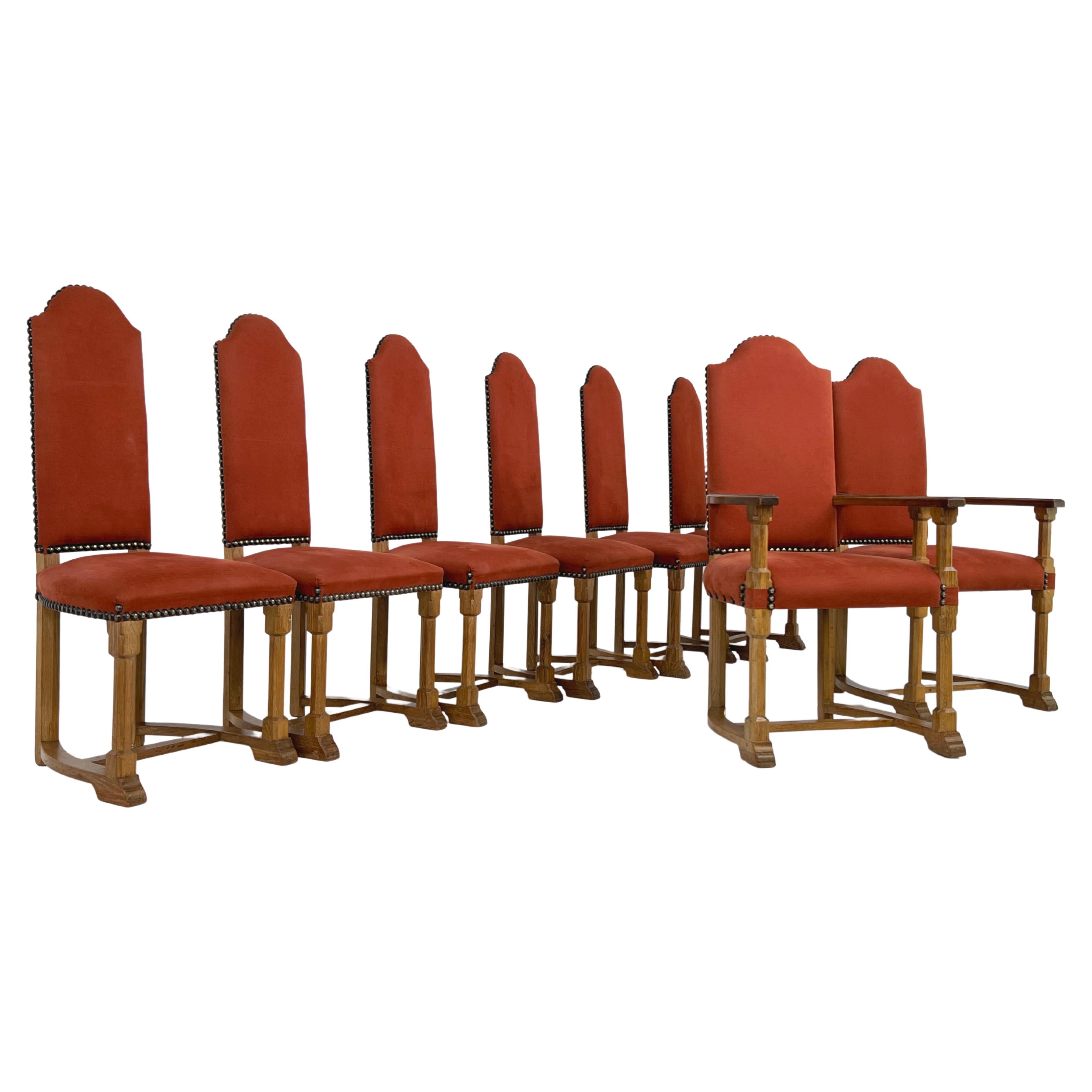 Ensemble de 8 chaises françaises anciennes de style Louis XIII en bois et tissu