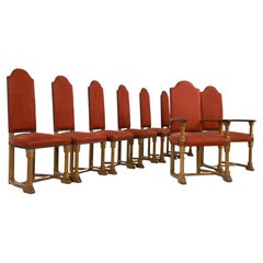 French Antic Louis XIII Style Wooden And Fabric Set of 8 Chairs