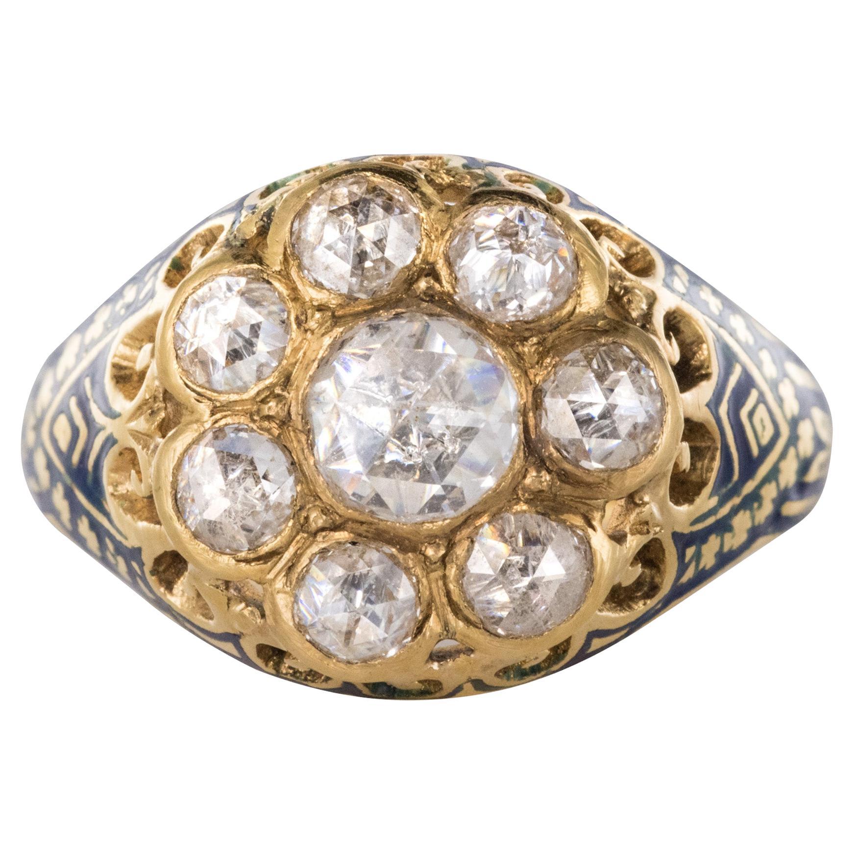 Bague française ancienne en or jaune 18 carats avec émail et diamants taille rose de 1,06 carat
