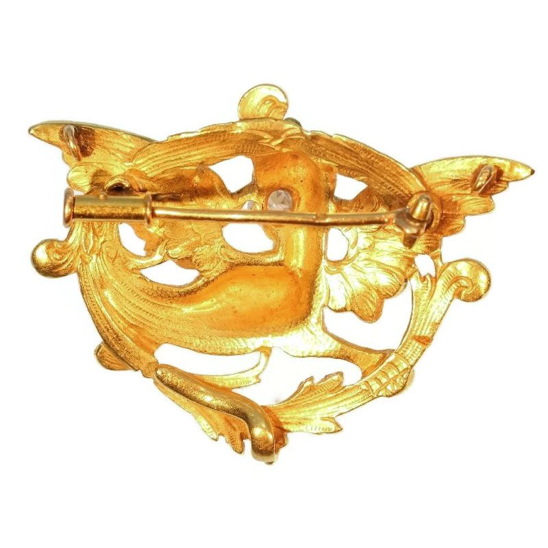 Old European Cut French Antique .15 Carat Diamond & 18 Karat Yellow Gold Griffin Brooch For Sale