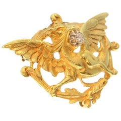 French Antique .15 Carat Diamond & 18 Karat Yellow Gold Griffin Brooch