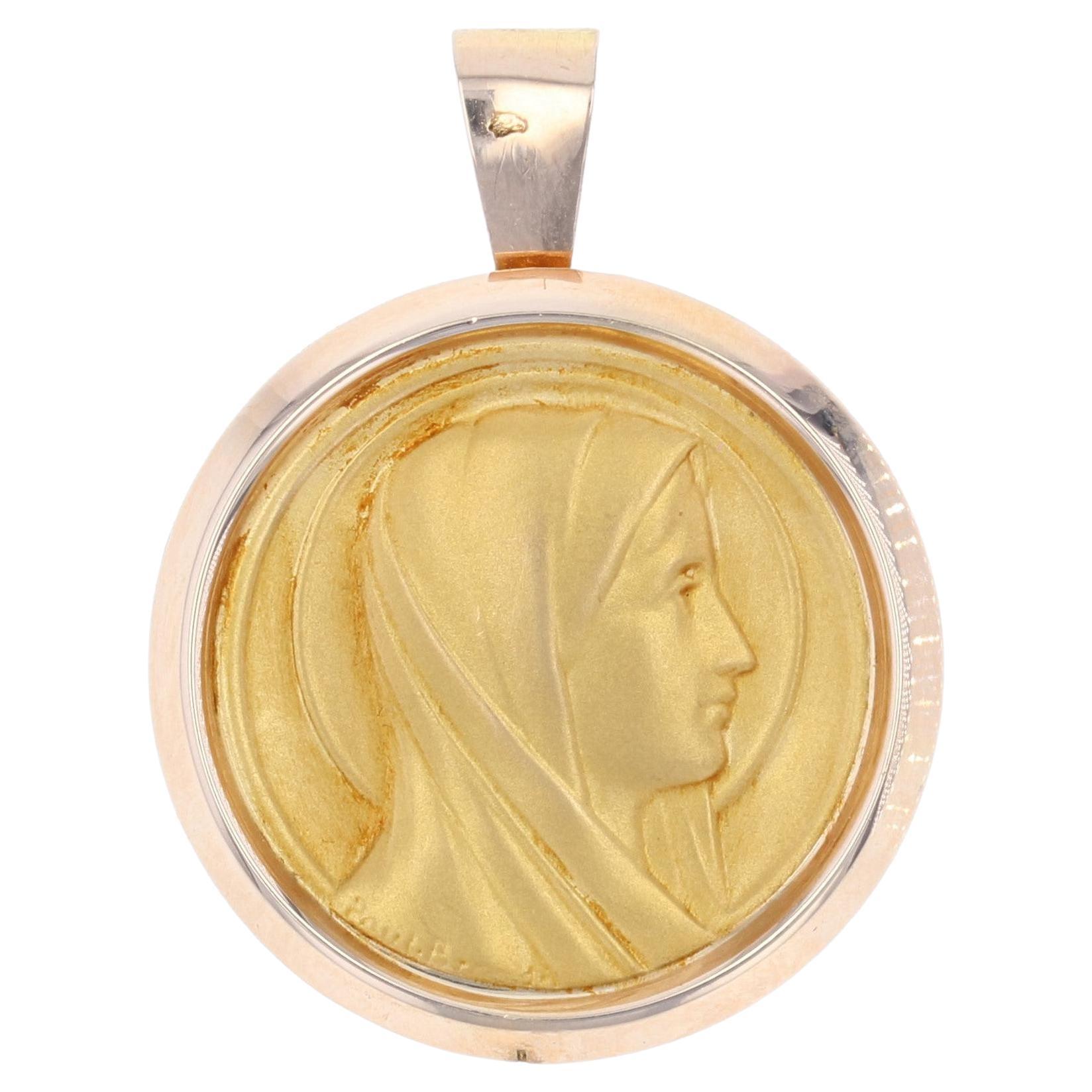 French Antique 18 Karat Rose Yellow Gold Haloed Virgin Mary Medal