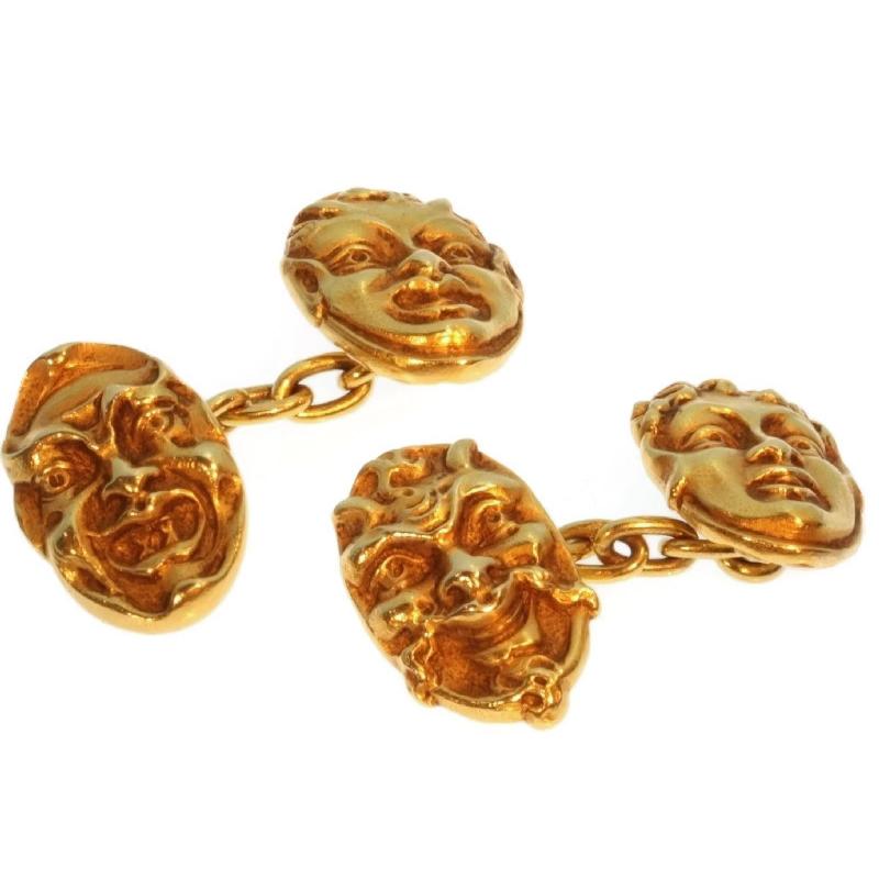 Late Victorian French Antique 18 Karat Yellow Gold Greek Comedy Mask Tragedy Theater Cufflinks For Sale
