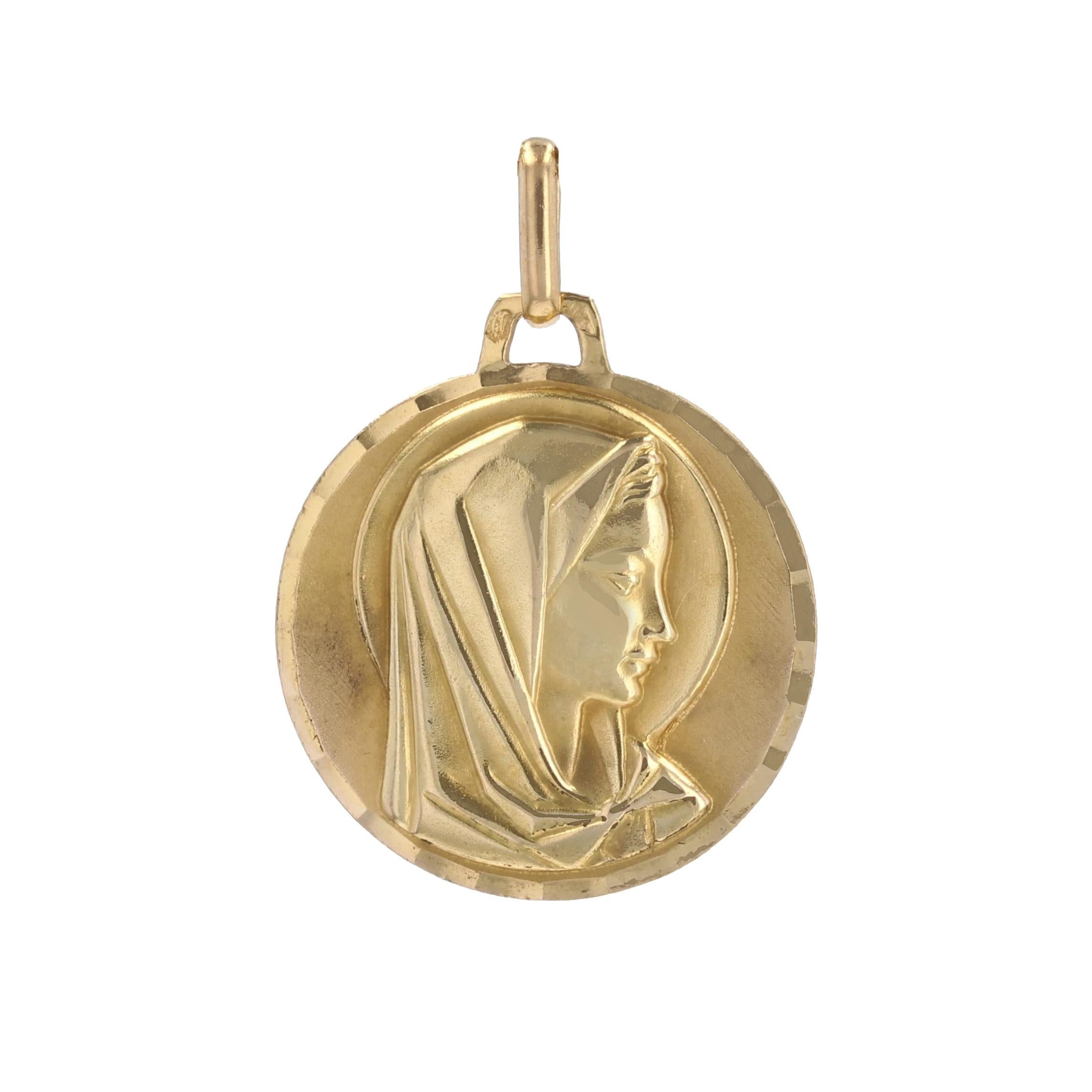 French Antique 18 Karat Yellow Gold Virgin Mary Haloed Medal Pendant For Sale