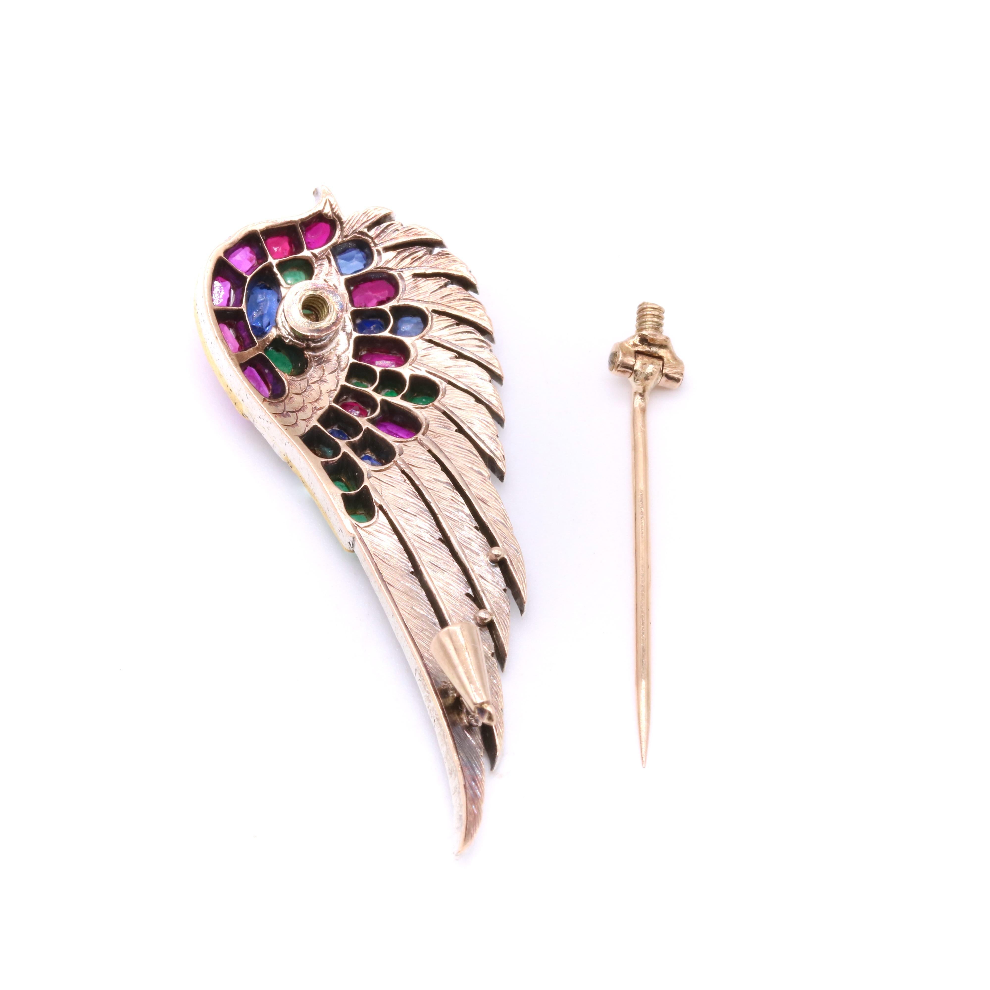 French Antique 18K Gold & Silver Ruby, Sapphire, Emerald & Diamond Wing Brooch For Sale 4