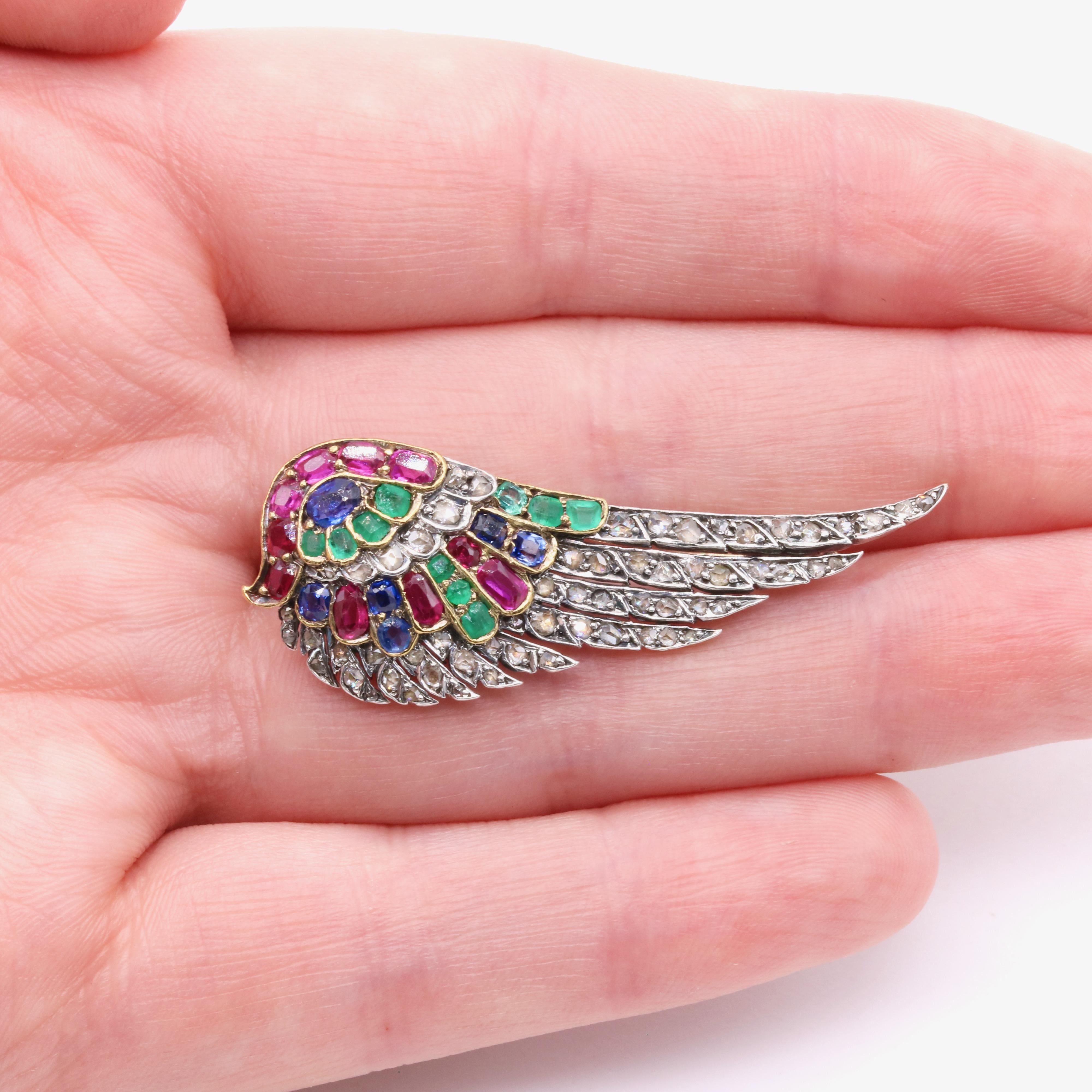 French Antique 18K Gold & Silver Ruby, Sapphire, Emerald & Diamond Wing Brooch For Sale 5