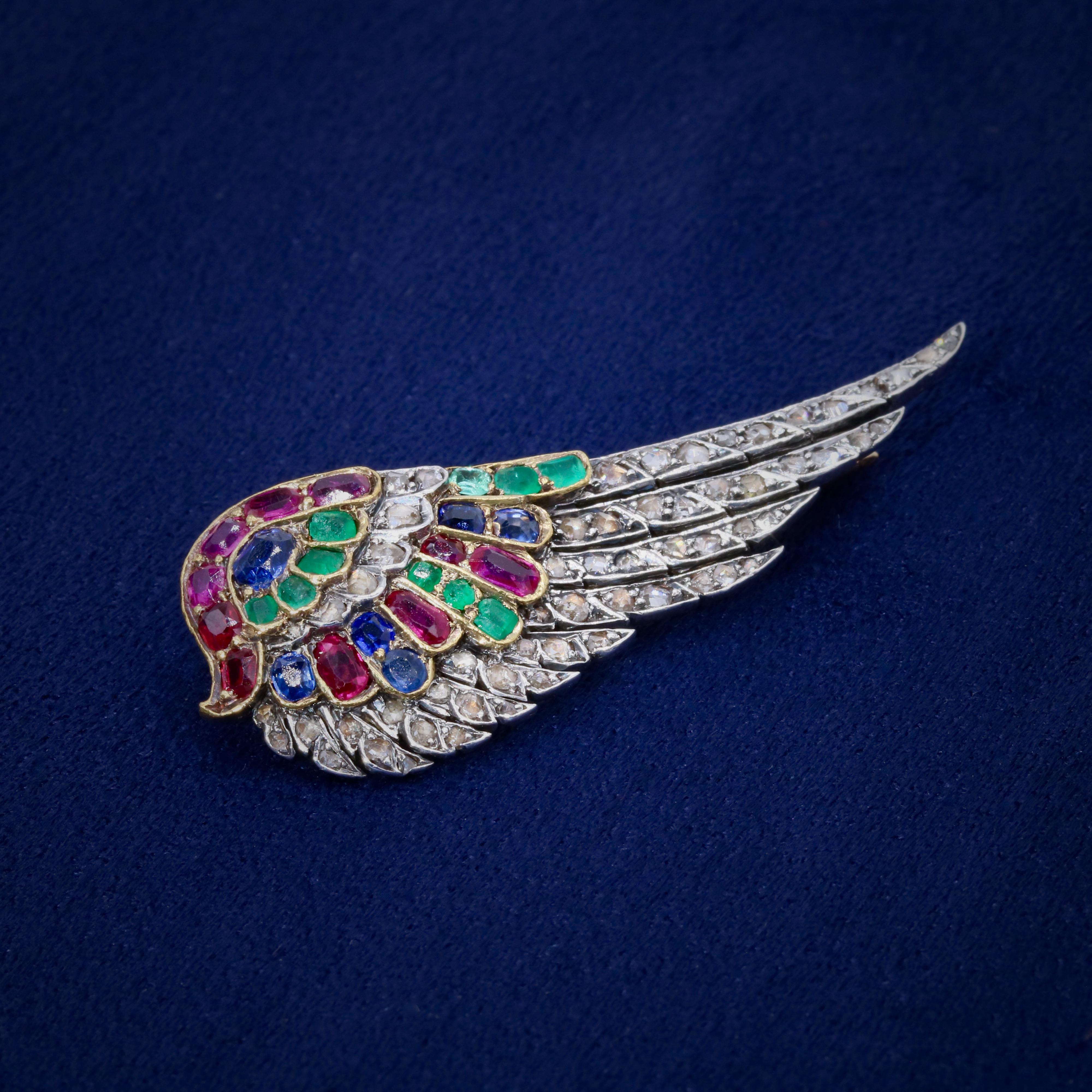 Victorian French Antique 18K Gold & Silver Ruby, Sapphire, Emerald & Diamond Wing Brooch For Sale