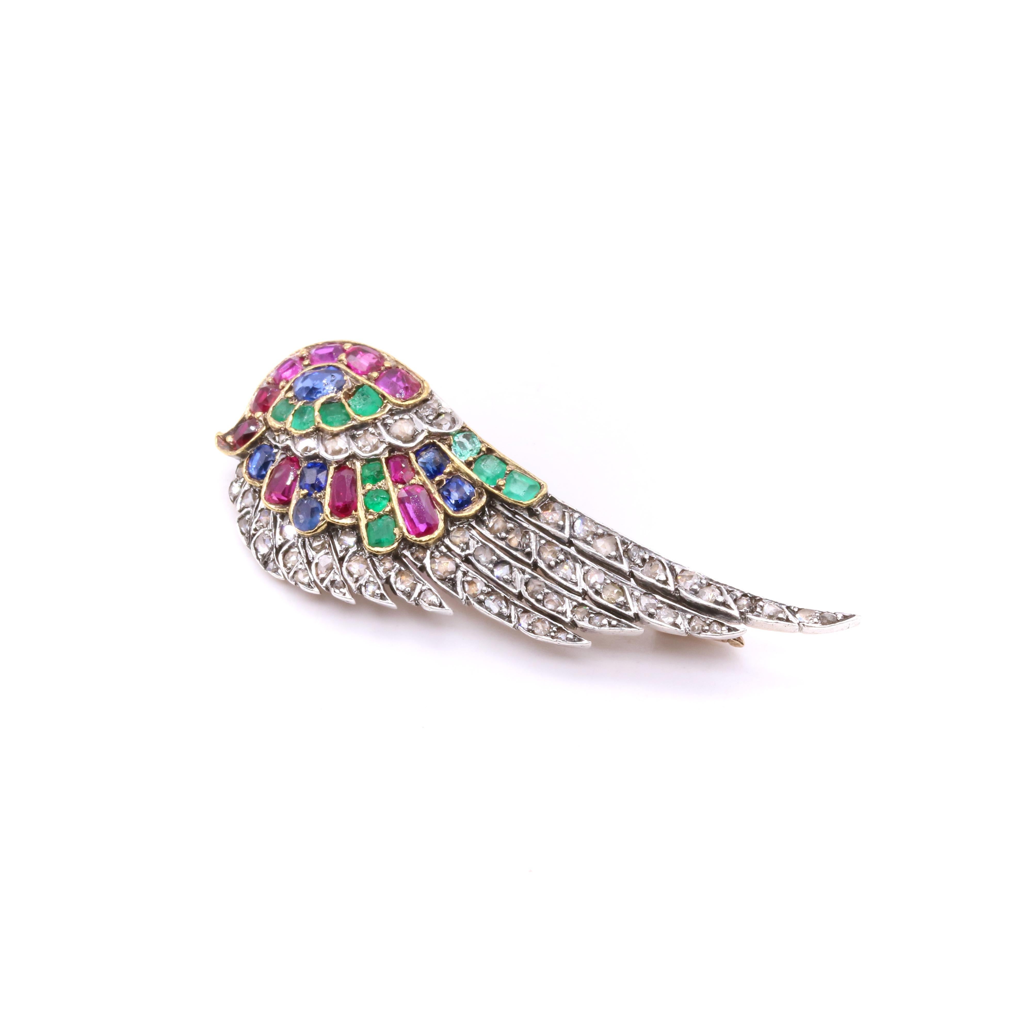 Women's or Men's French Antique 18K Gold & Silver Ruby, Sapphire, Emerald & Diamond Wing Brooch For Sale