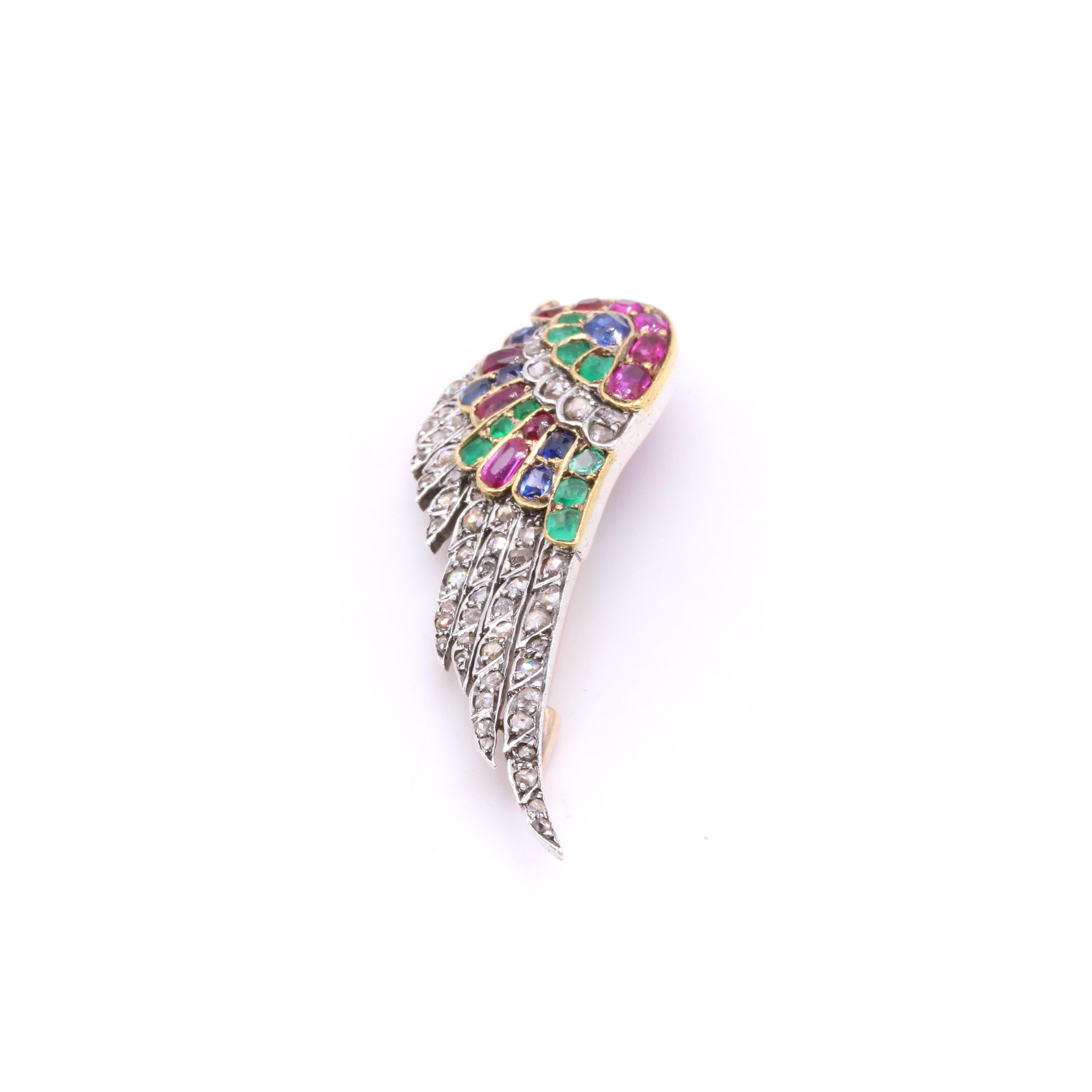 French Antique 18K Gold & Silver Ruby, Sapphire, Emerald & Diamond Wing Brooch For Sale 1