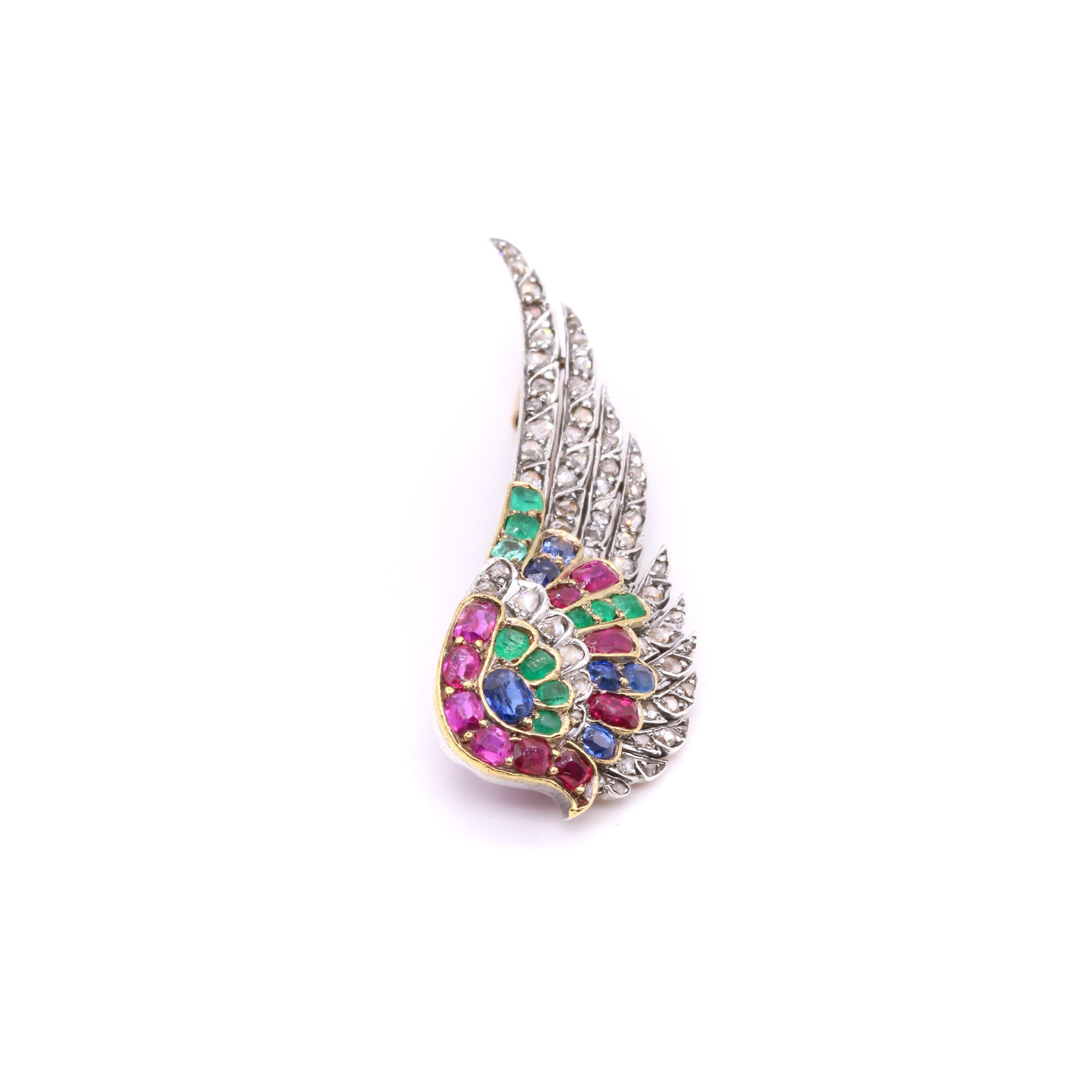 French Antique 18K Gold & Silver Ruby, Sapphire, Emerald & Diamond Wing Brooch For Sale 2