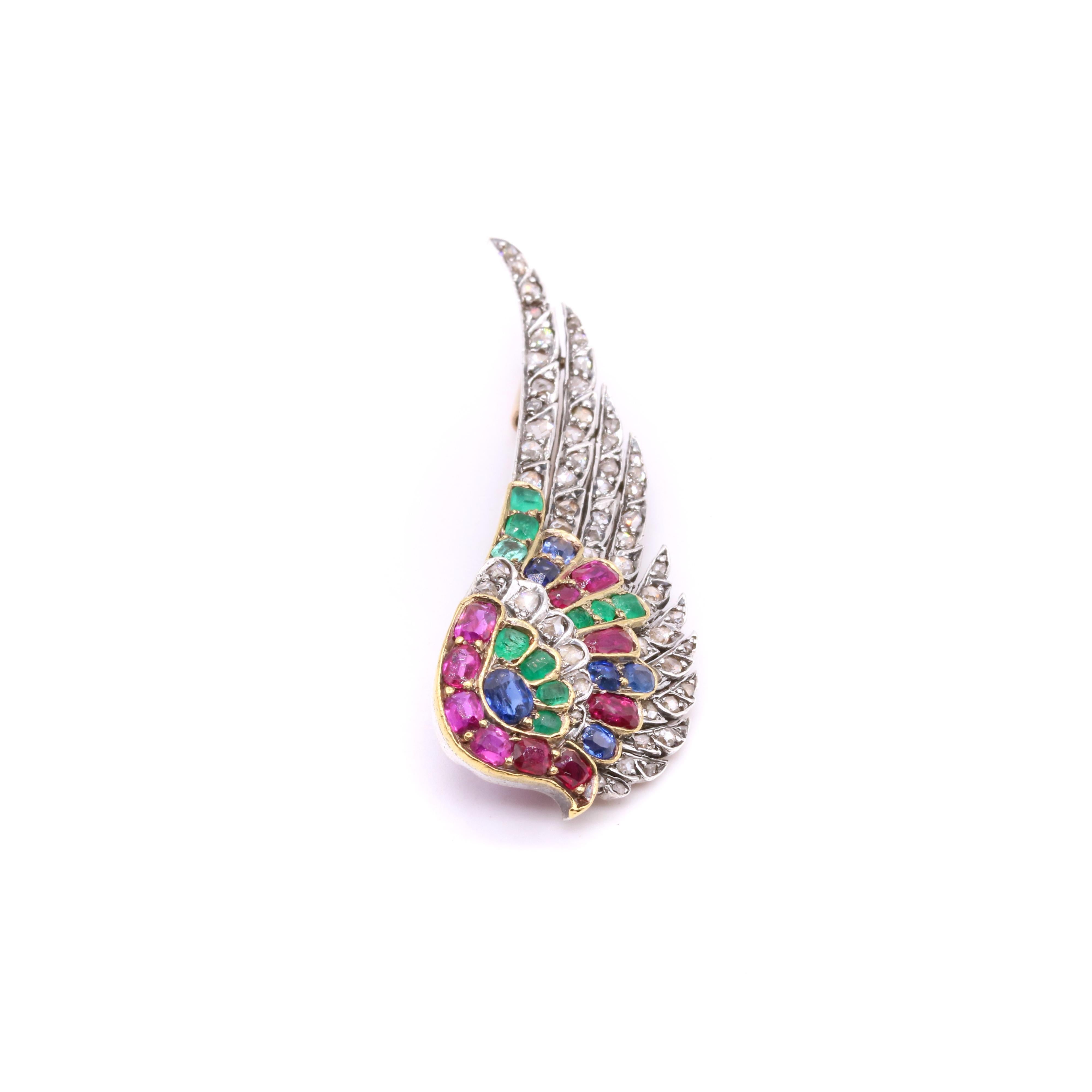 Broche française ancienne en or et argent 18 carats avec rubis, saphirs, émeraudes et diamants 2