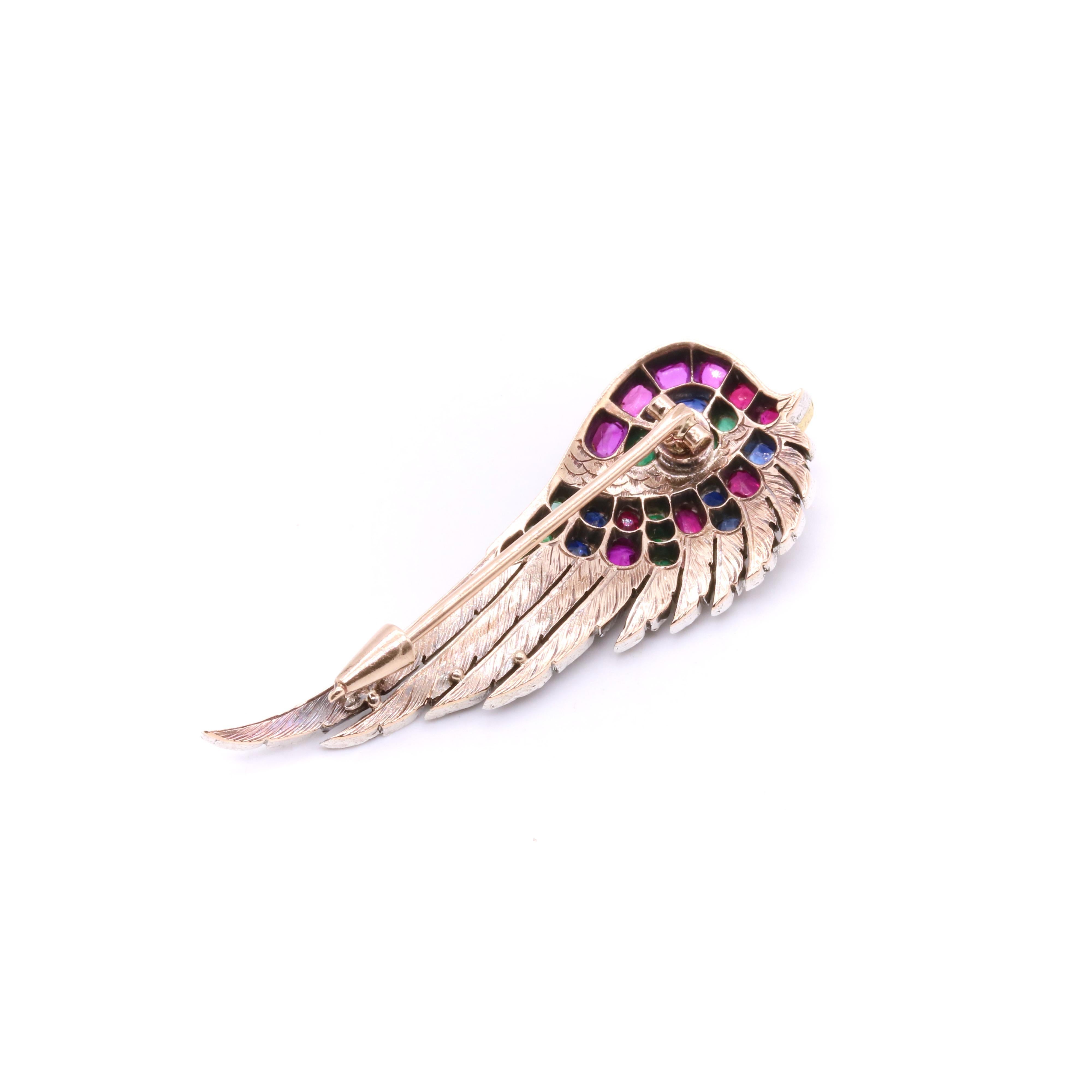 French Antique 18K Gold & Silver Ruby, Sapphire, Emerald & Diamond Wing Brooch For Sale 3