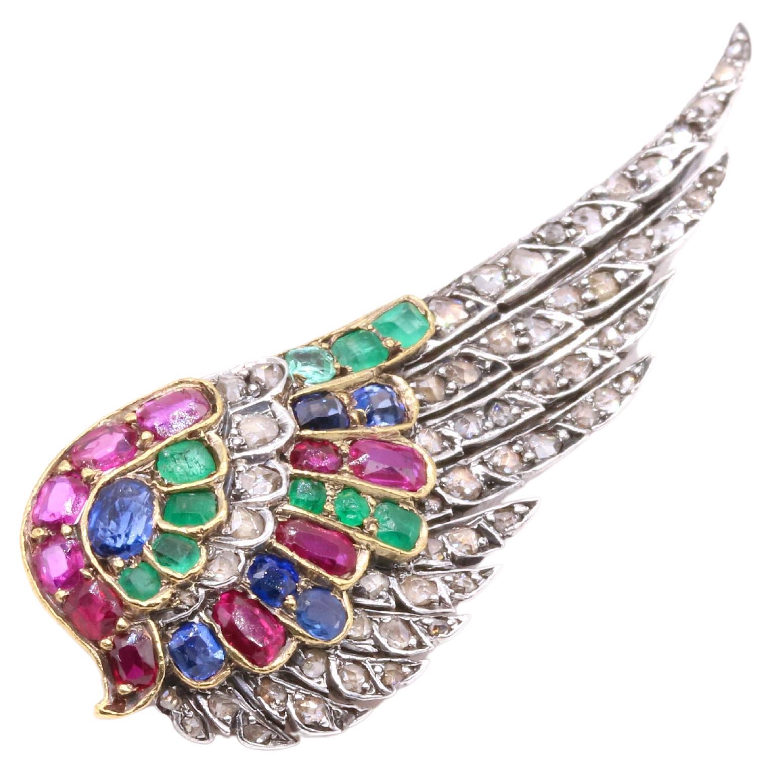 French Antique 18K Gold & Silver Ruby, Sapphire, Emerald & Diamond Wing Brooch For Sale