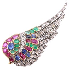 French Antique 18K Gold & Silver Ruby, Sapphire, Emerald & Diamond Wing Brooch