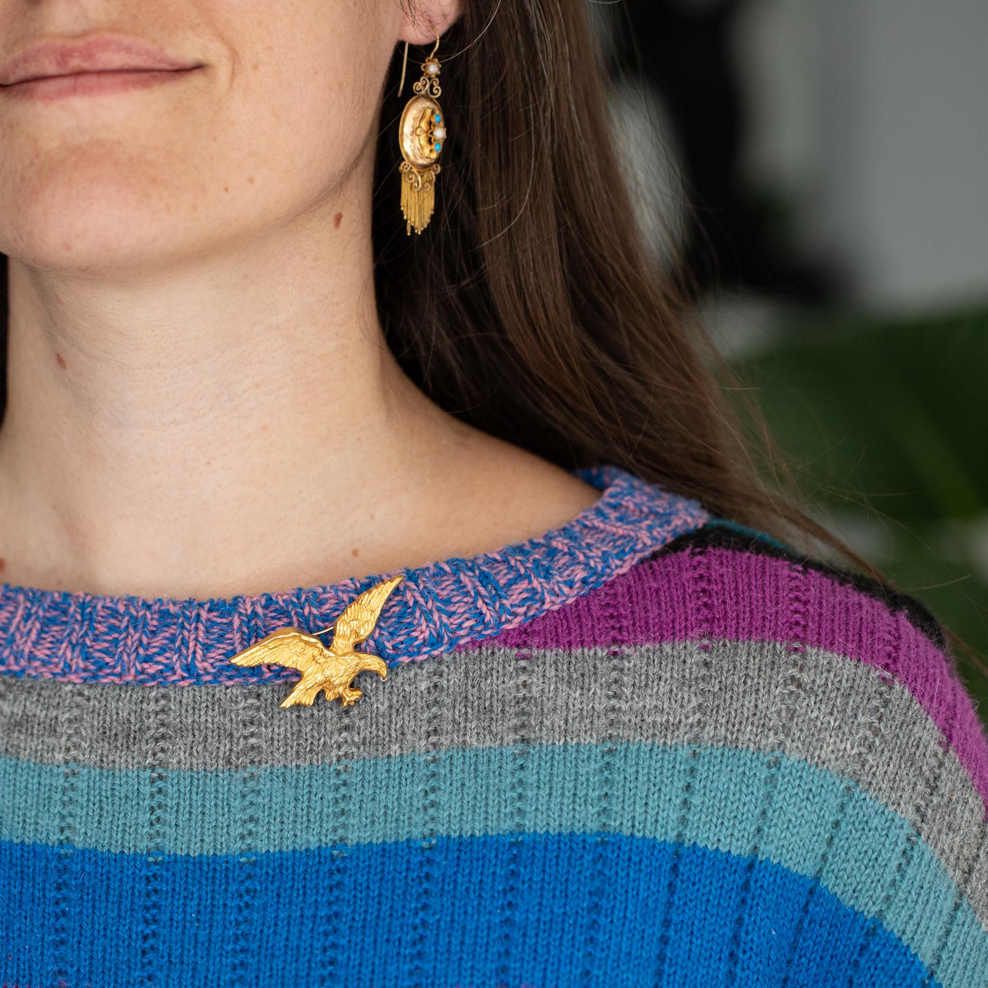 This wonderful Victorian eagle brooch stole our hearts the second we laid eyes on it. This antique brooch features a wonderful flying eagle and we believe that it is marked with a French horse head, yet it is only a very small part of it that is