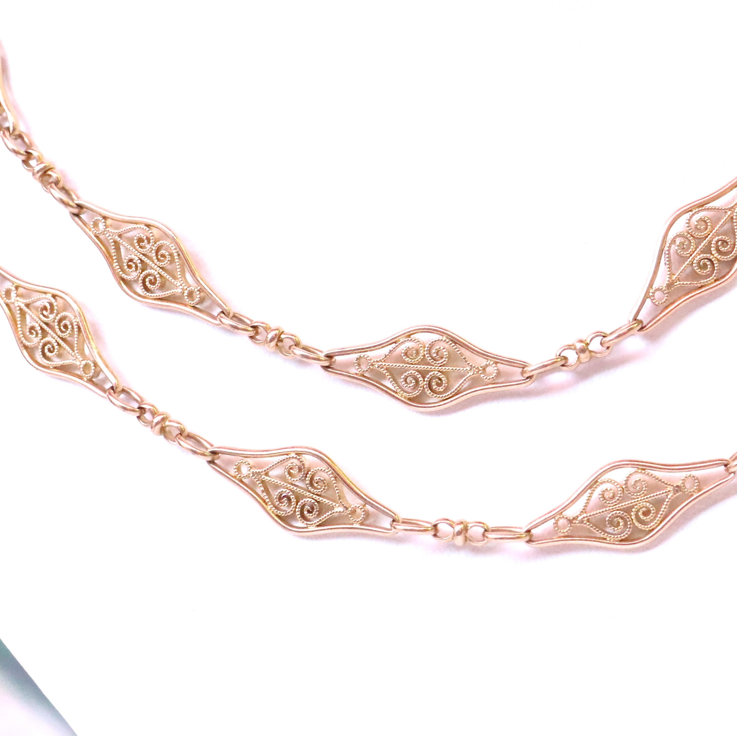 Found on an extensive trip through Southern France, this Antique French 18k gold necklace is a one of a kind find. At 30 inches long, it can be worn long or doubled for a luxurious layered look. Featuring elegantly decorative stations broken up by