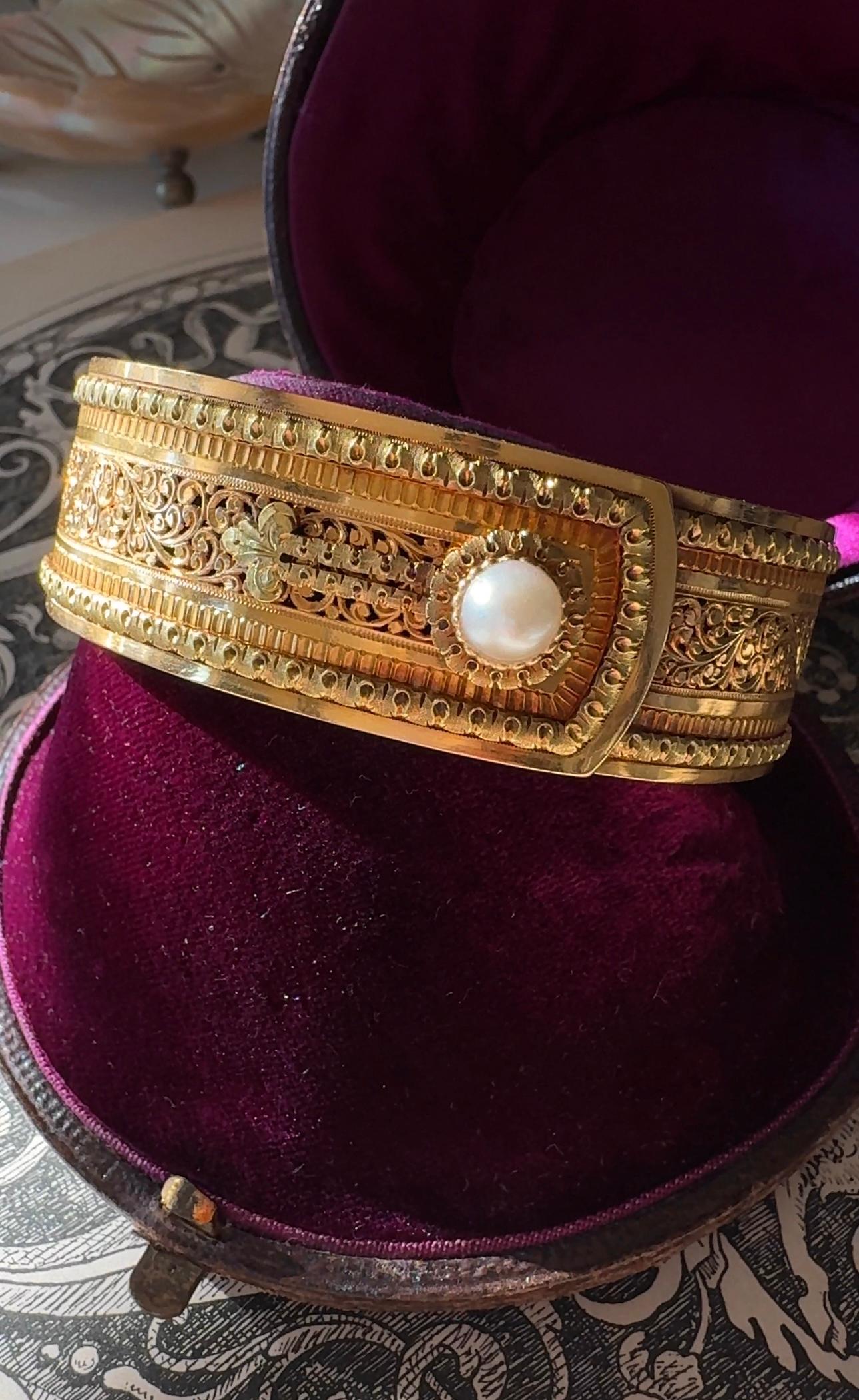 Women's French Antique 18K Pearl Button Cuff Bangle Bracelet - Auguste Lahaye For Sale