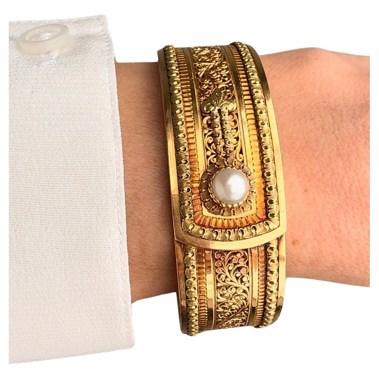 French Antique 18K Pearl Button Cuff Bangle Bracelet - Auguste Lahaye For Sale