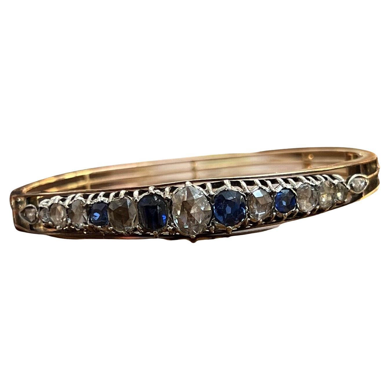 Bracelet jonc français ancien en or rose 18 carats, diamants taille rose et saphirs, années 1900