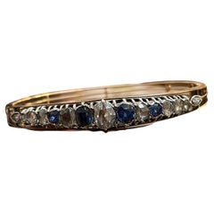 French Antique 18k Rose Gold, Rose Cut Diamond & Sapphire Bangle Bracelet, 1900s