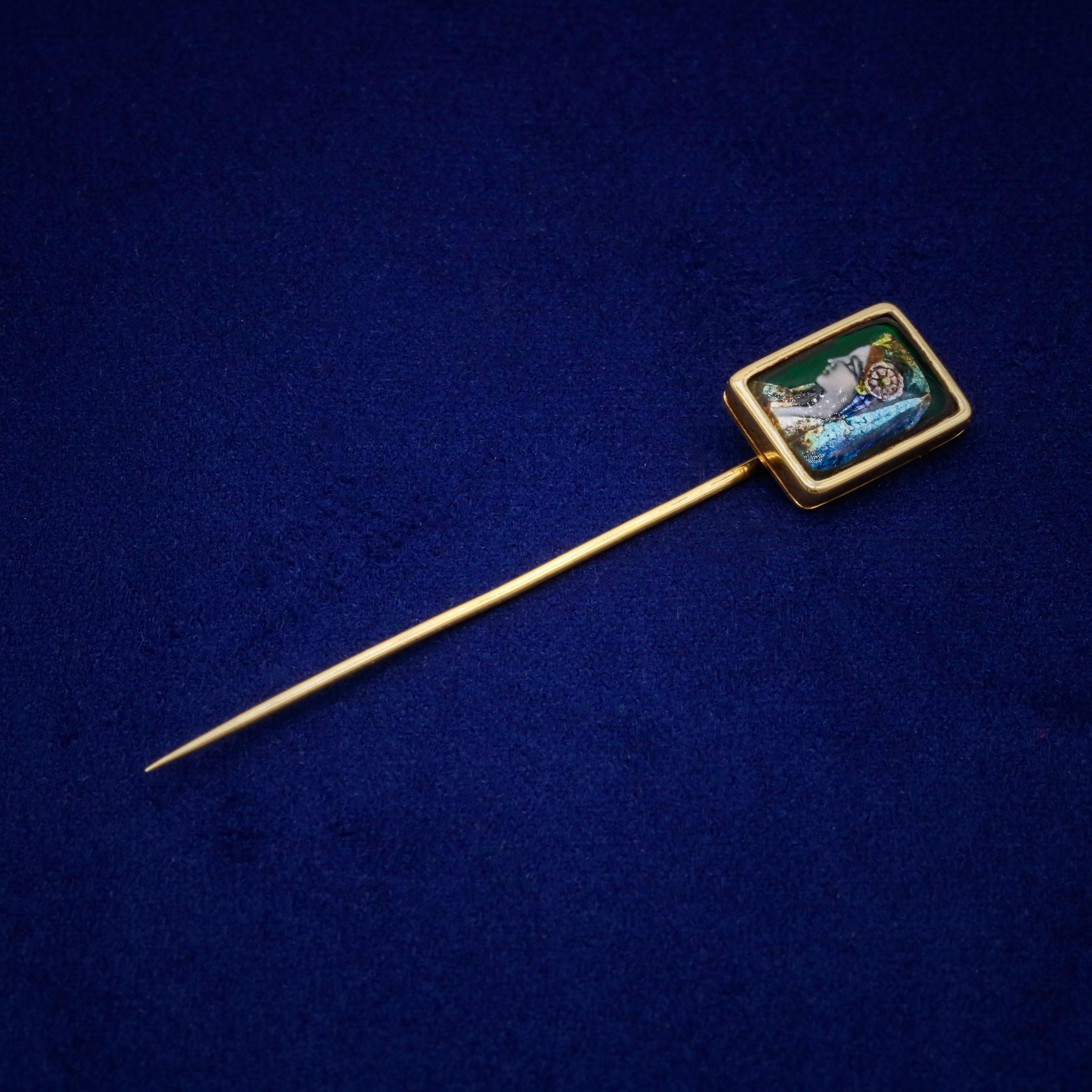 Art Nouveau French Antique 18K Yellow Gold Enamel Limoges Stick Pin Depicting a Woman For Sale