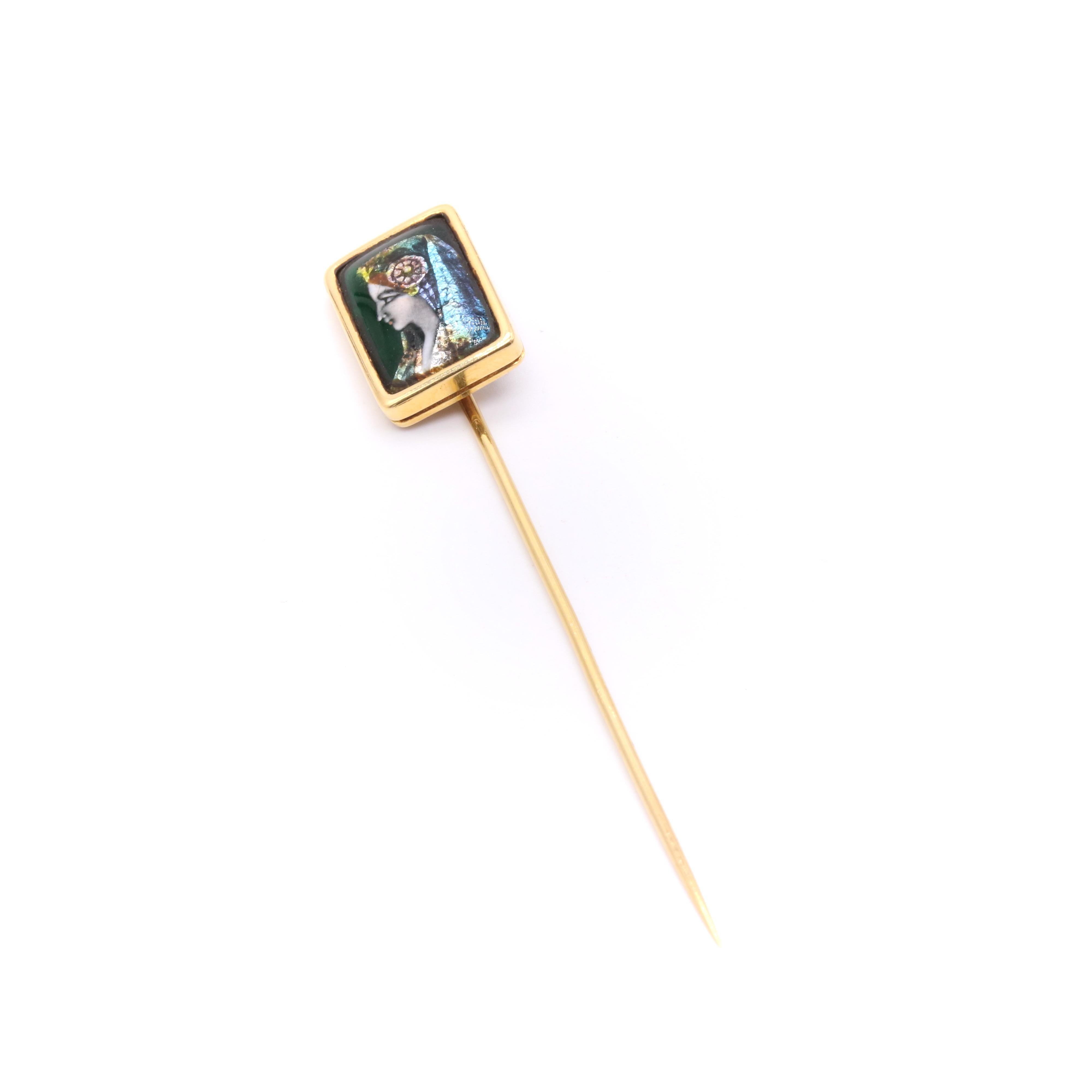 Women's or Men's French Antique 18K Yellow Gold Enamel Limoges Stick Pin Depicting a Woman For Sale