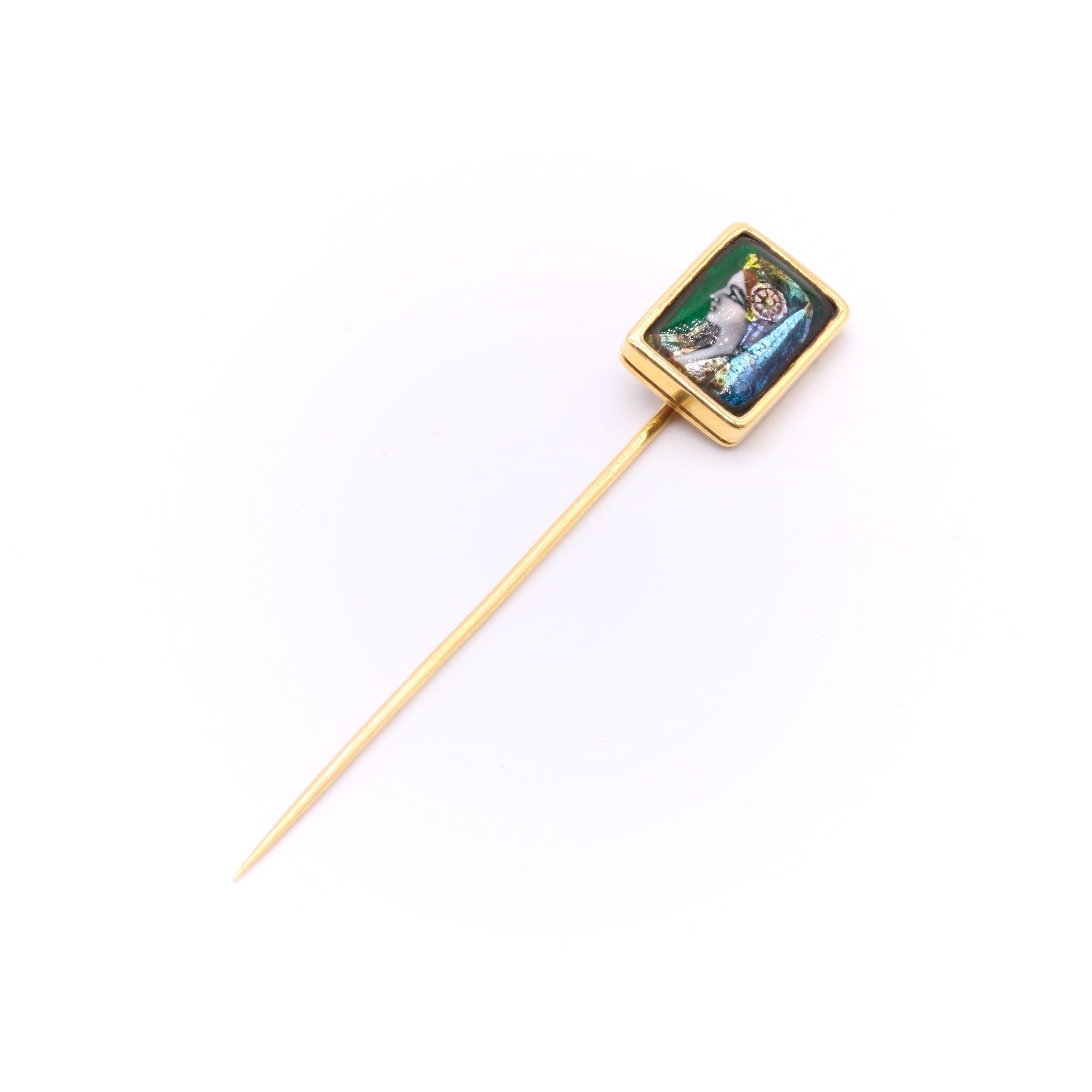 French Antique 18K Yellow Gold Enamel Limoges Stick Pin Depicting a Woman For Sale 2