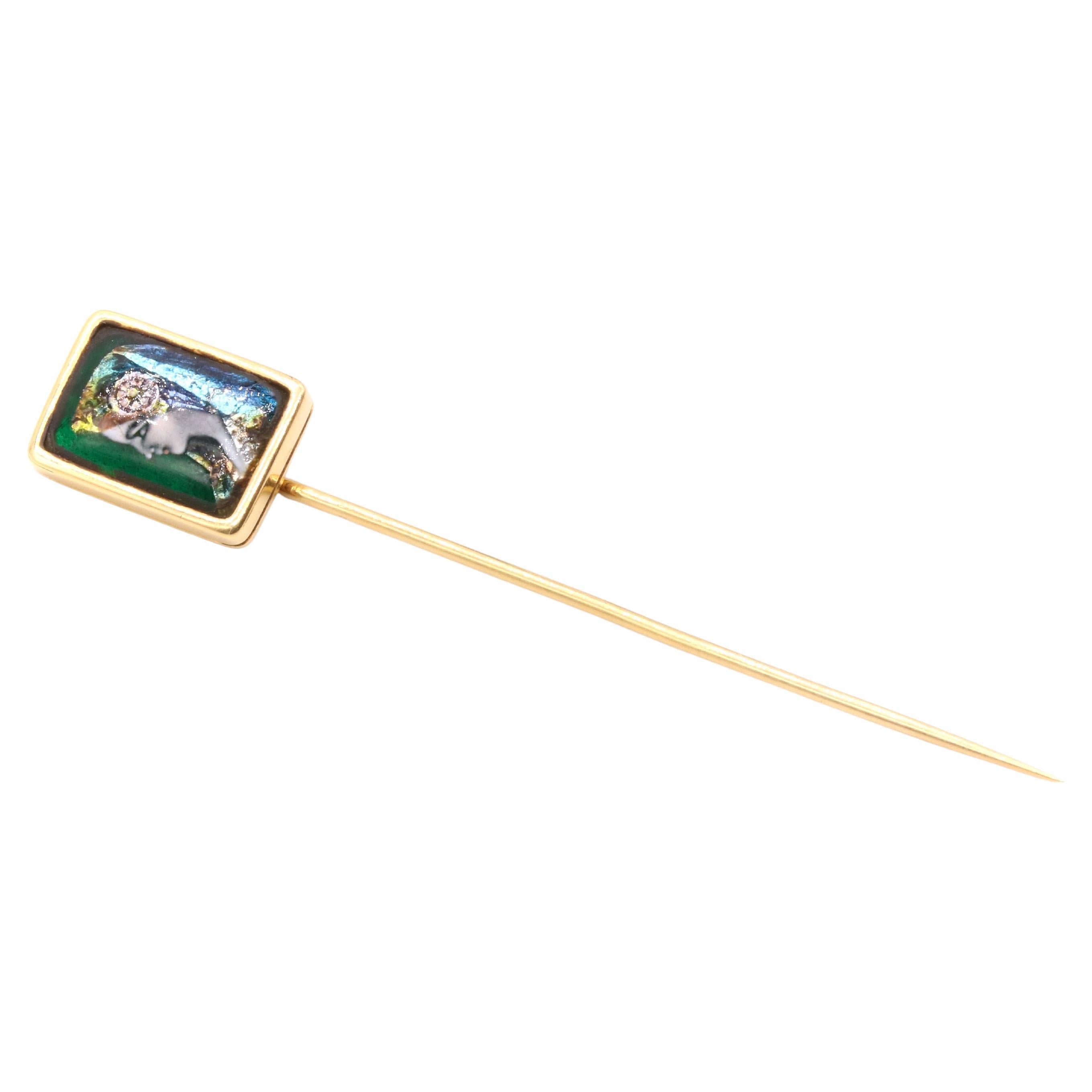 Französische antike 18K Gelbgold Emaille Limoges Stick Pin Darstellung einer Frau