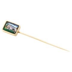 French Antique 18K Yellow Gold Enamel Limoges Stick Pin Depicting a Woman