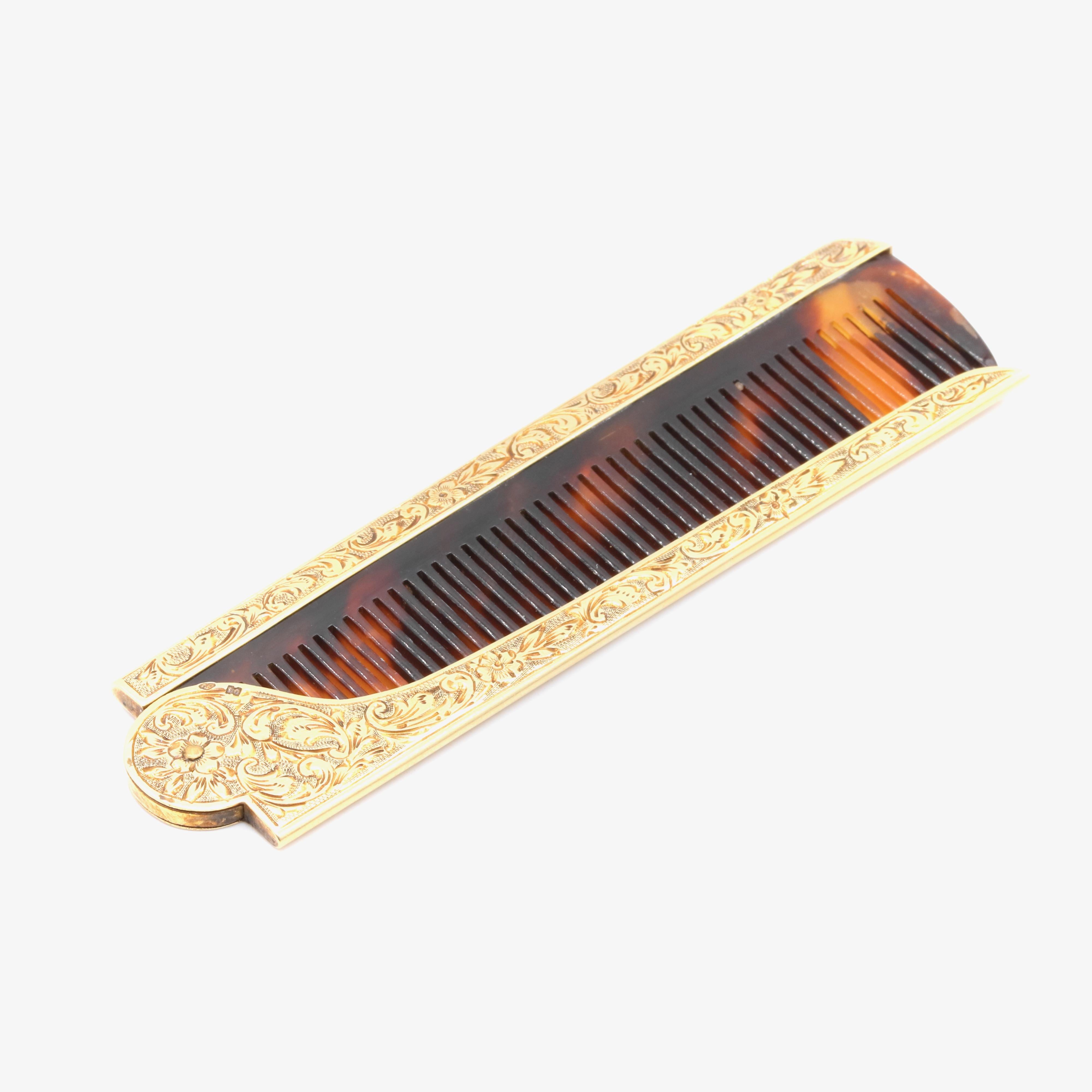Victorian French Antique 18K Yellow Gold Ornate Floral Engraved Travel Comb For Sale