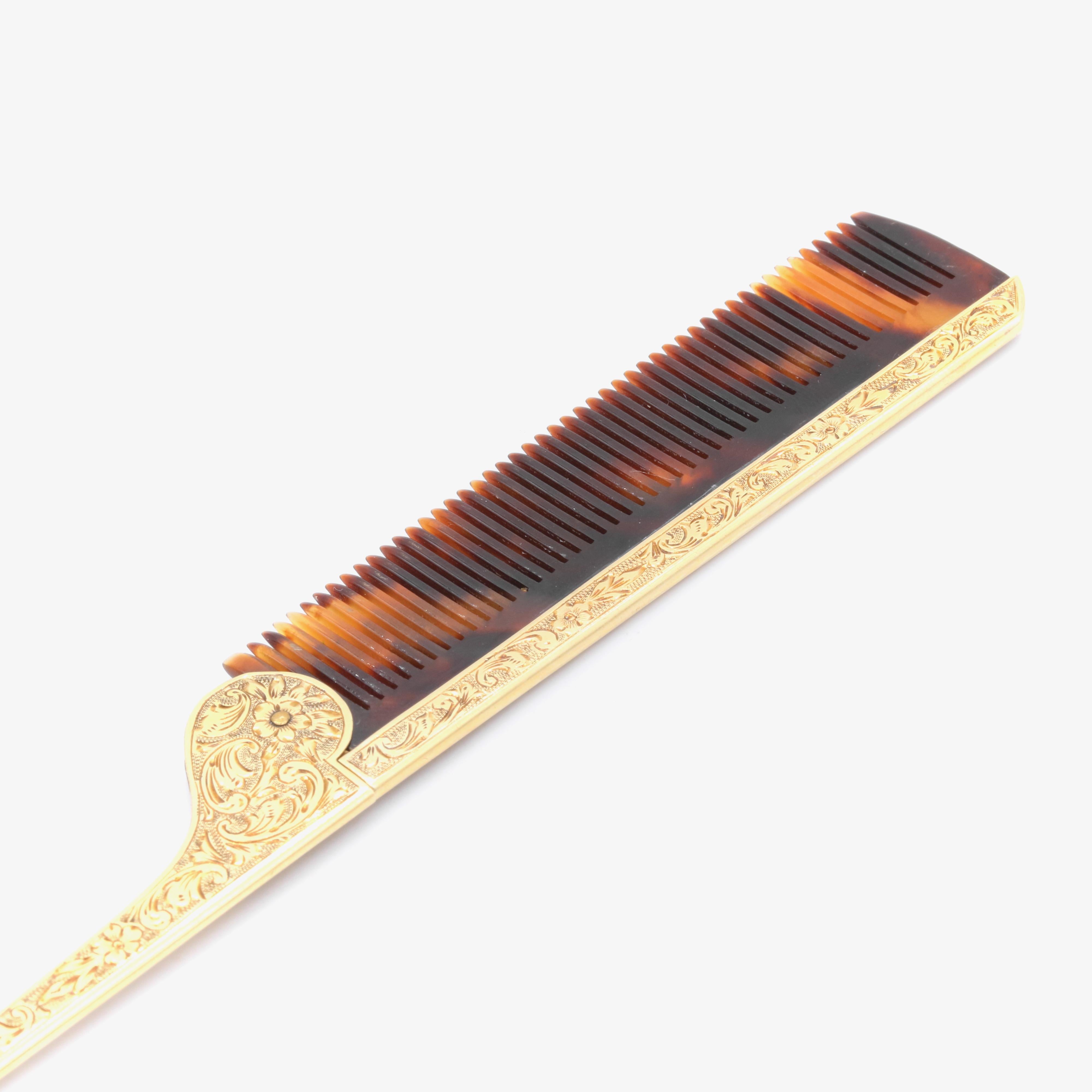 Women's or Men's French Antique 18K Yellow Gold Ornate Floral Engraved Travel Comb For Sale