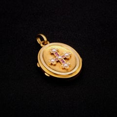 French Antique 18K Yellow Gold Ruby and Pearl Cross Locket