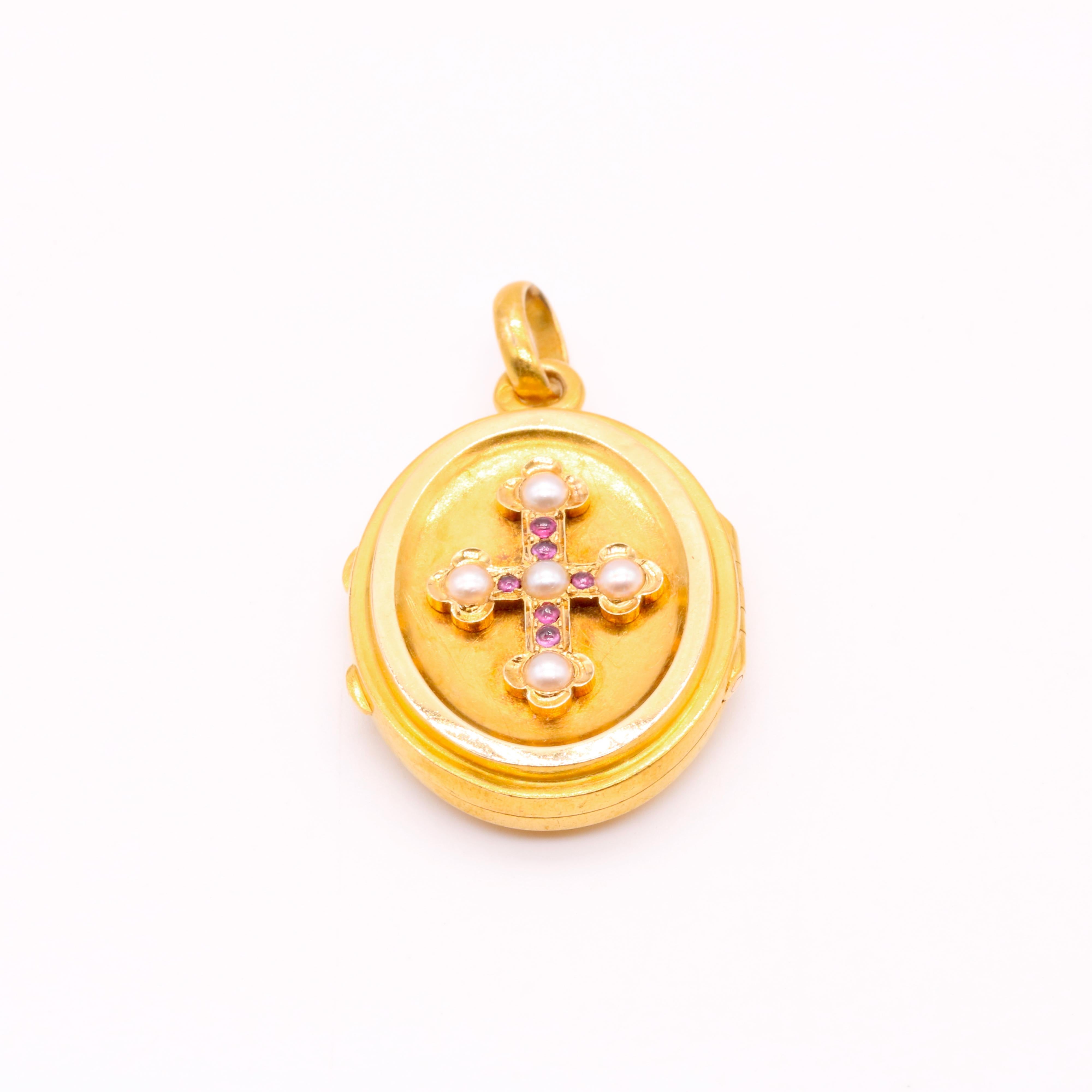 Victorian French Antique 18K Yellow Gold Ruby and Pearl Cross Locket For Sale