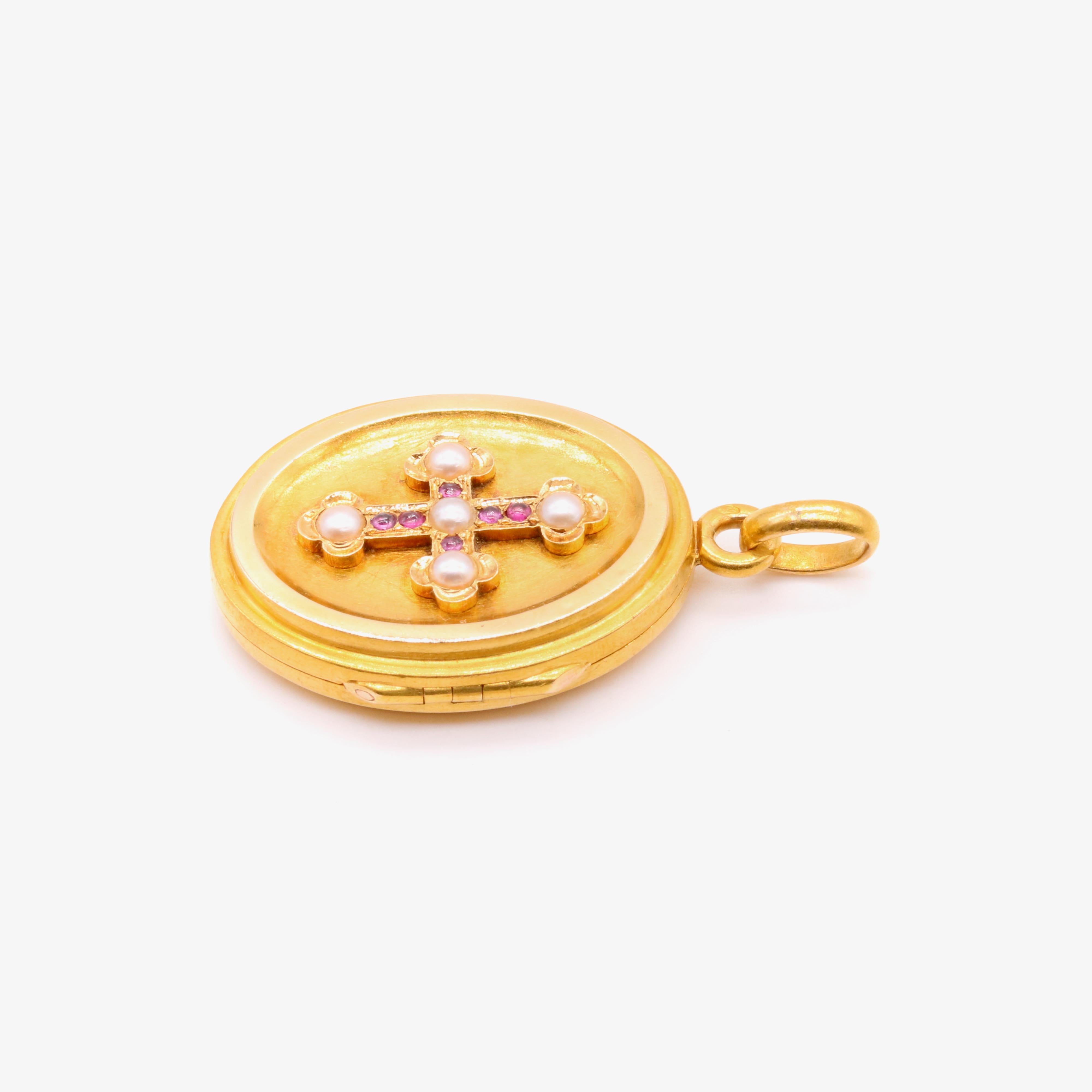 Women's or Men's French Antique 18K Yellow Gold Ruby and Pearl Cross Locket For Sale