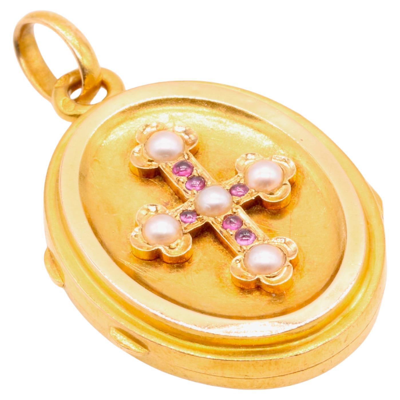 French Antique 18K Yellow Gold Ruby and Pearl Cross Locket For Sale