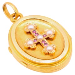 French Antique 18K Yellow Gold Ruby and Pearl Cross Locket