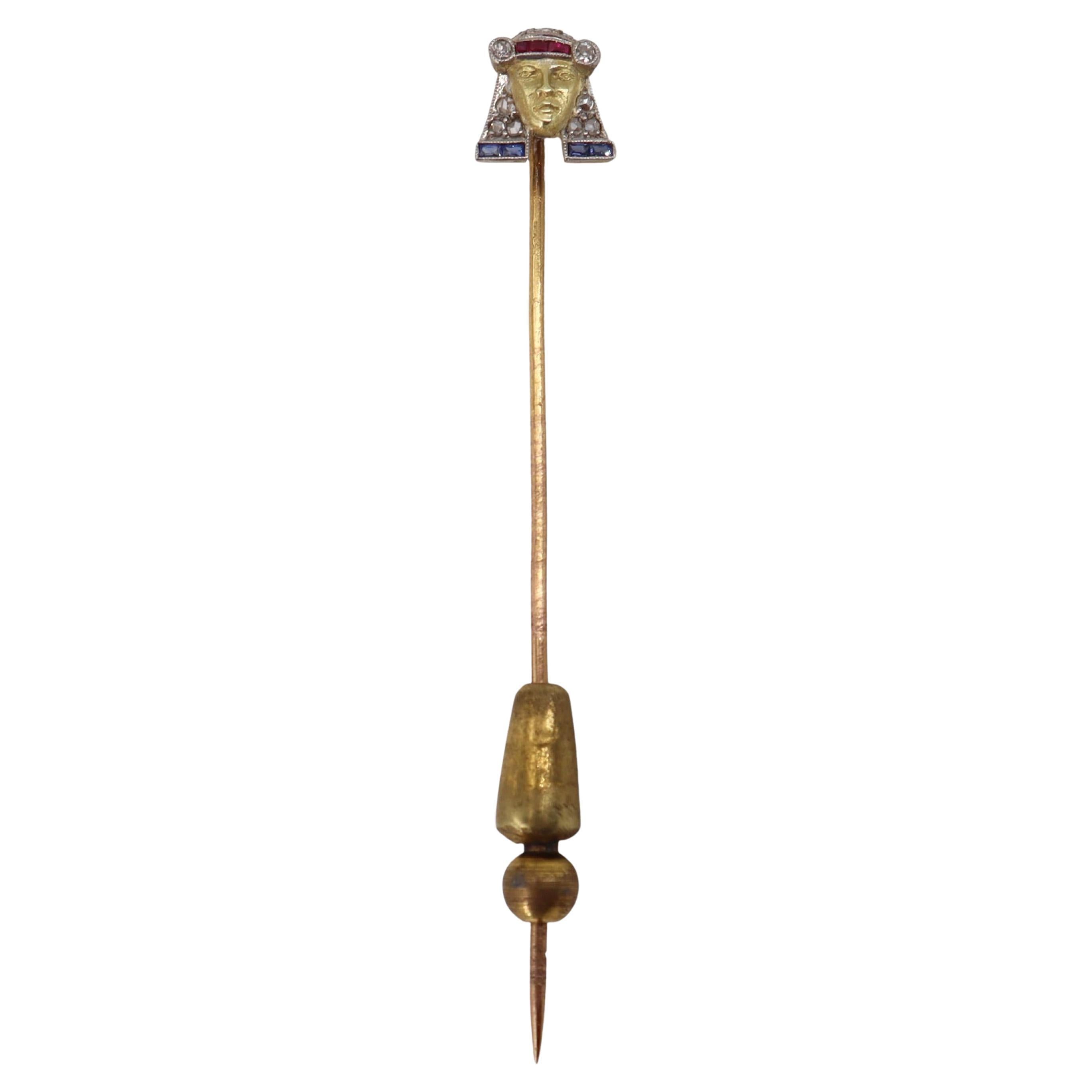 FRENCH Antique 18kt gold Stick Pin with Diamonds, Rubies and Sapphires