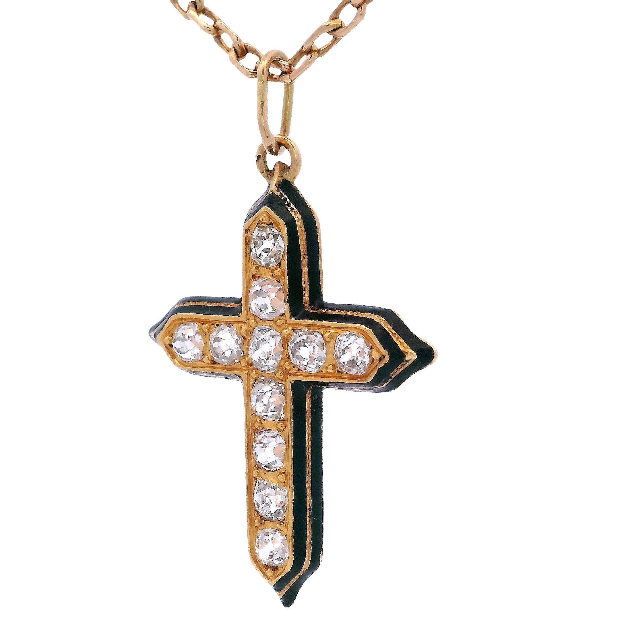 FRENCH Antique French 18kt Gelbgold Emaille-Kreuz-Anhänger mit 1,06 Karat in Diamant (Belle Époque) im Angebot