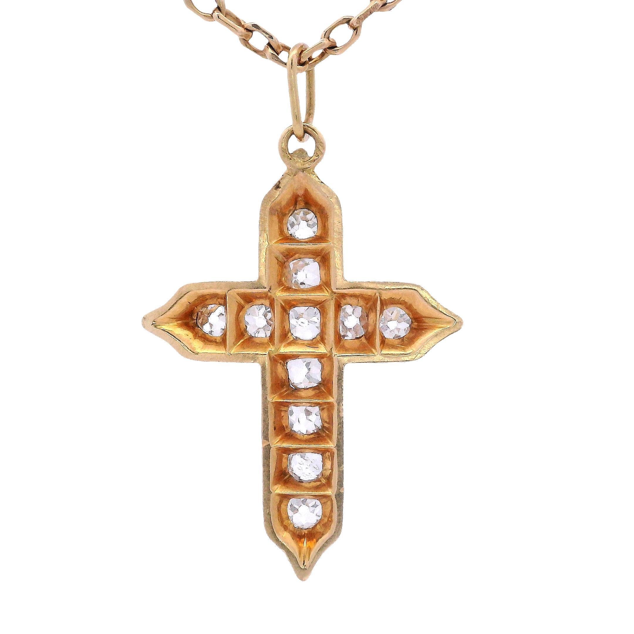 FRENCH Antique French 18kt Gelbgold Emaille-Kreuz-Anhänger mit 1,06 Karat in Diamant im Zustand „Gut“ im Angebot in Aventura, FL