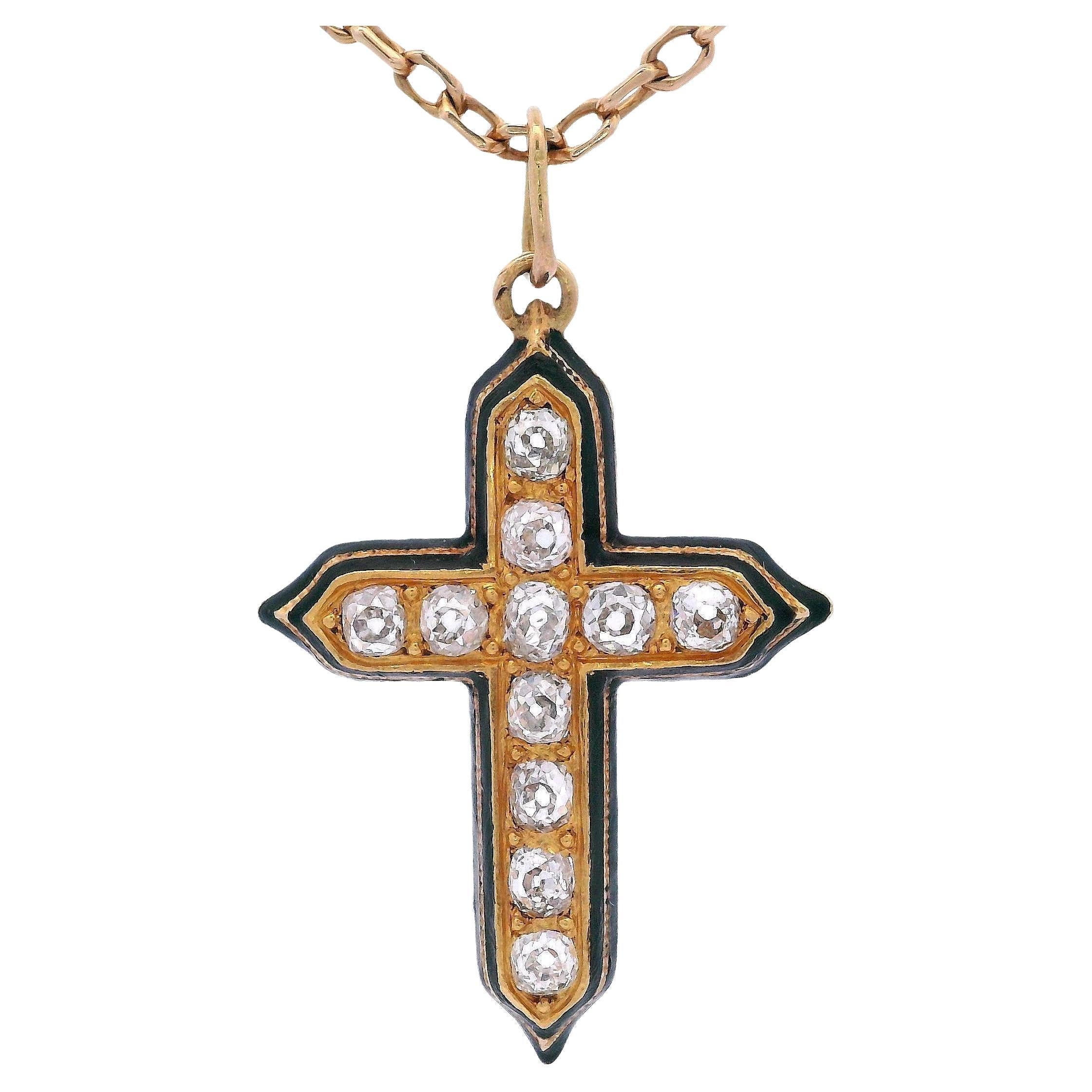 FRENCH Antique 18kt yellow Gold Enamel Cross Pendant with 1.06 carats in Diamond