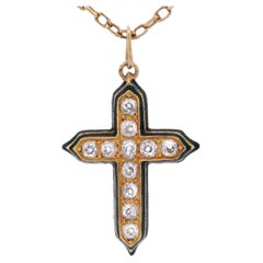 FRENCH Antique 18kt yellow Gold Enamel Cross Pendant with 1.06 carats in Diamond